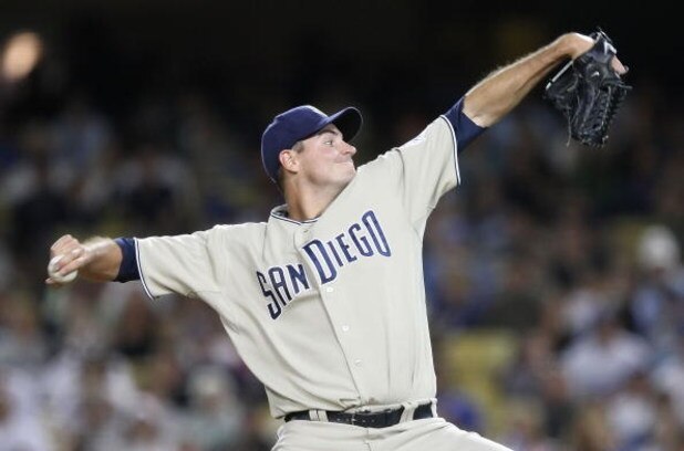 LOS ANGELES, CA - APRIL 12:  Chris Young #32 of the San Diego Padres pitches against the Los Angeles Dodgers at Dodger Stadium April 12, 2008 in Los Angeles, California.  (Photo by Lisa Blumenfeld/Getty Images)