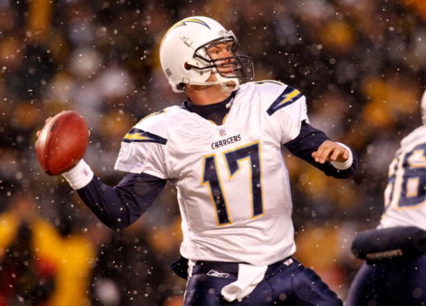 PITTSBURGH - JANUARY 11:  Philip Rivers #17 of the San Diego Chargers throws a pass against the Pittsburgh Steelers during their AFC Divisional Playoff Game on January 11, 2009 at Heinz Field in Pittsburgh, Pennsylvania.  (Photo by Chris Graythen/Getty Im