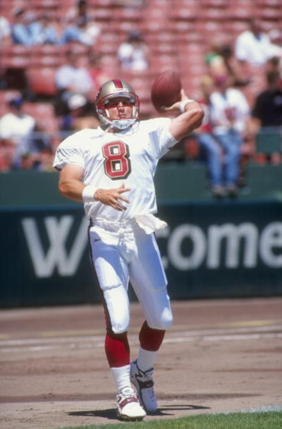 2 Aug 1998:  Quarterback Steve Young #8 of the San Francisco 49ers in action during a pre-season game against the New England Patriots at the 3Com Park in San Francisco, California. The 49ers defeated the Patriots 14-13.
