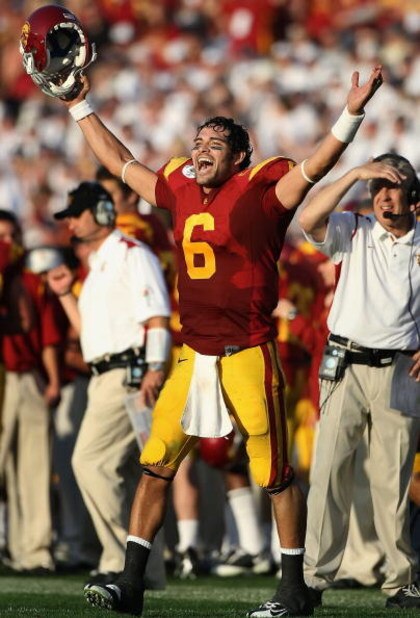 PASADENA, CA - JANUARY 01:  Quarterback Mark Sanchez #6 of the USC Trojans celebrates after scoring a touchdown during the 95th Rose Bowl Game presented by Citi against the Penn State Nittany Lions at the Rose Bowl on January 1, 2009 in Pasadena, Californ