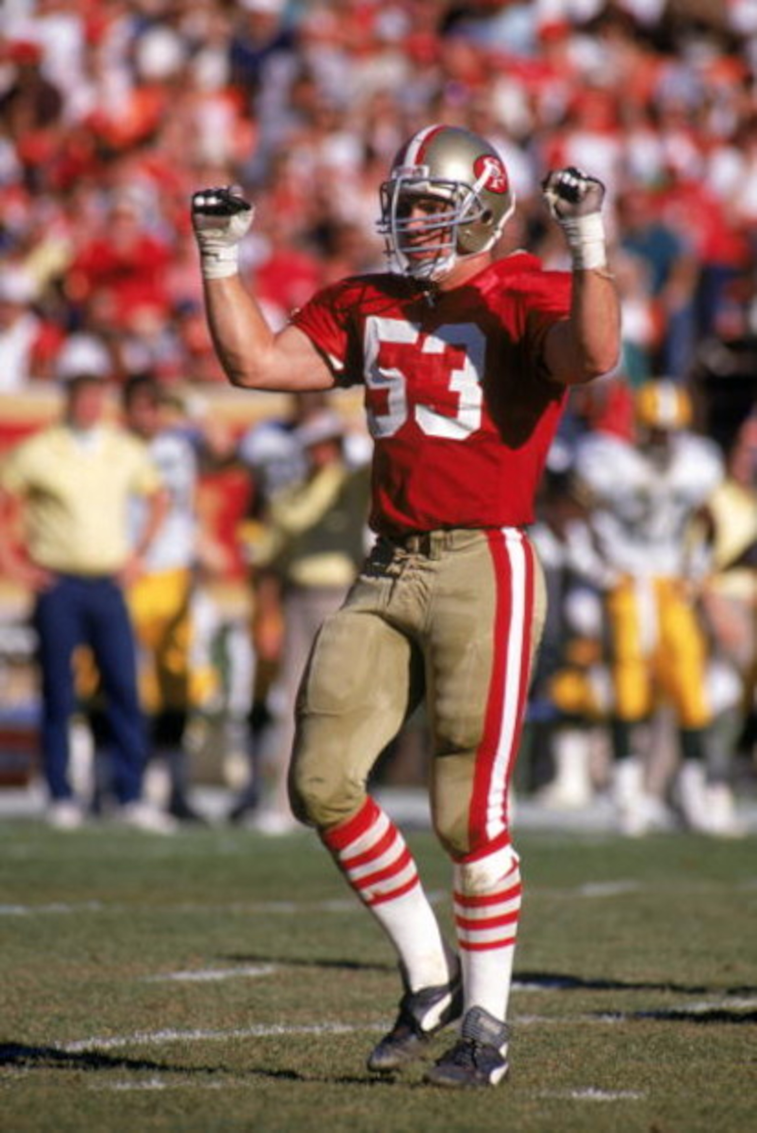 SAN FRANCISCO - NOVEMBER 19: Linebacker Bill Romanowski #53 of the San Francisco 49ers celebrates after a play during a game against the Green Bay Packers at Candlestick Park on November 19, 1989 in San Francisco, California. The Packer won 21-17. (Pho SAN FRANCISCO - NOVEMBER 19: Linebacker Bill Romanowski #53 of the San Francisco 49ers celebrates after a play during a game against the Green Bay Packers at Candlestick Park on November 19, 1989 in San Francisco, California. The Packer won 21-17. (Pho