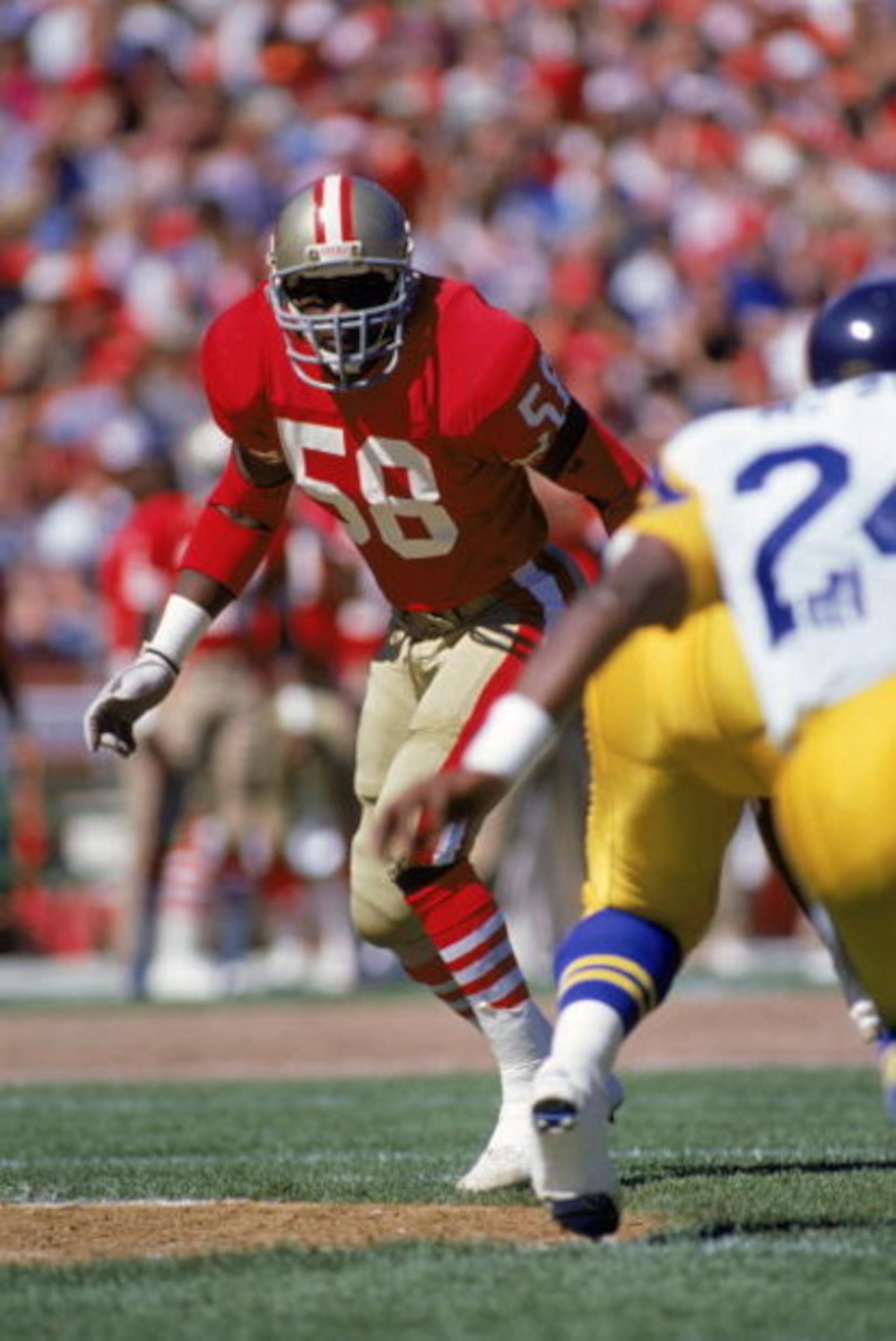 SAN FRANCISCO - 1989: Linebacker Keena Turner #58 of the San Francisco 49ers moves on defense against the Los Angeles Rams at Candlestick Park during a 1989 NFL game in San Francisco, California. The Rams defeated the 49ers 13-12. (Photo by Otto Greule SAN FRANCISCO - 1989: Linebacker Keena Turner #58 of the San Francisco 49ers moves on defense against the Los Angeles Rams at Candlestick Park during a 1989 NFL game in San Francisco, California. The Rams defeated the 49ers 13-12. (Photo by Otto Greule