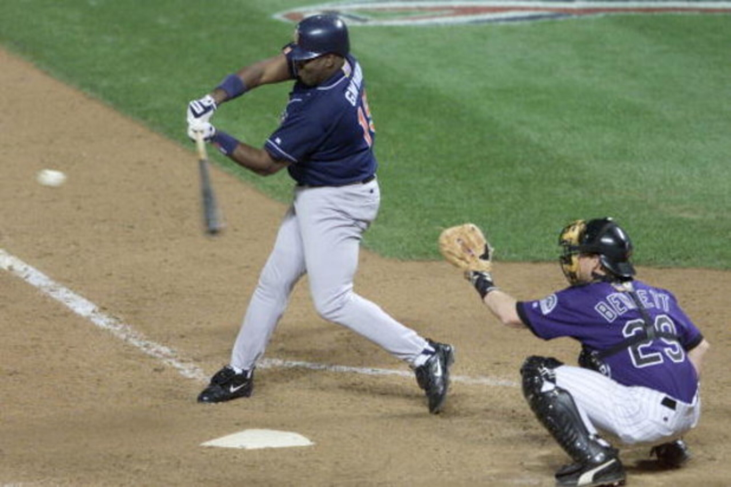 25 Sep 2001: Tony Gwynn of the San Diego Padres hits against the Colorado Rockies in the ninth inning during the game at Coors Field in Denver, Colorado. The Padres won 8-7. DIGITAL IMAGE. Mandatory Credit: Brian Bahr/Allsport