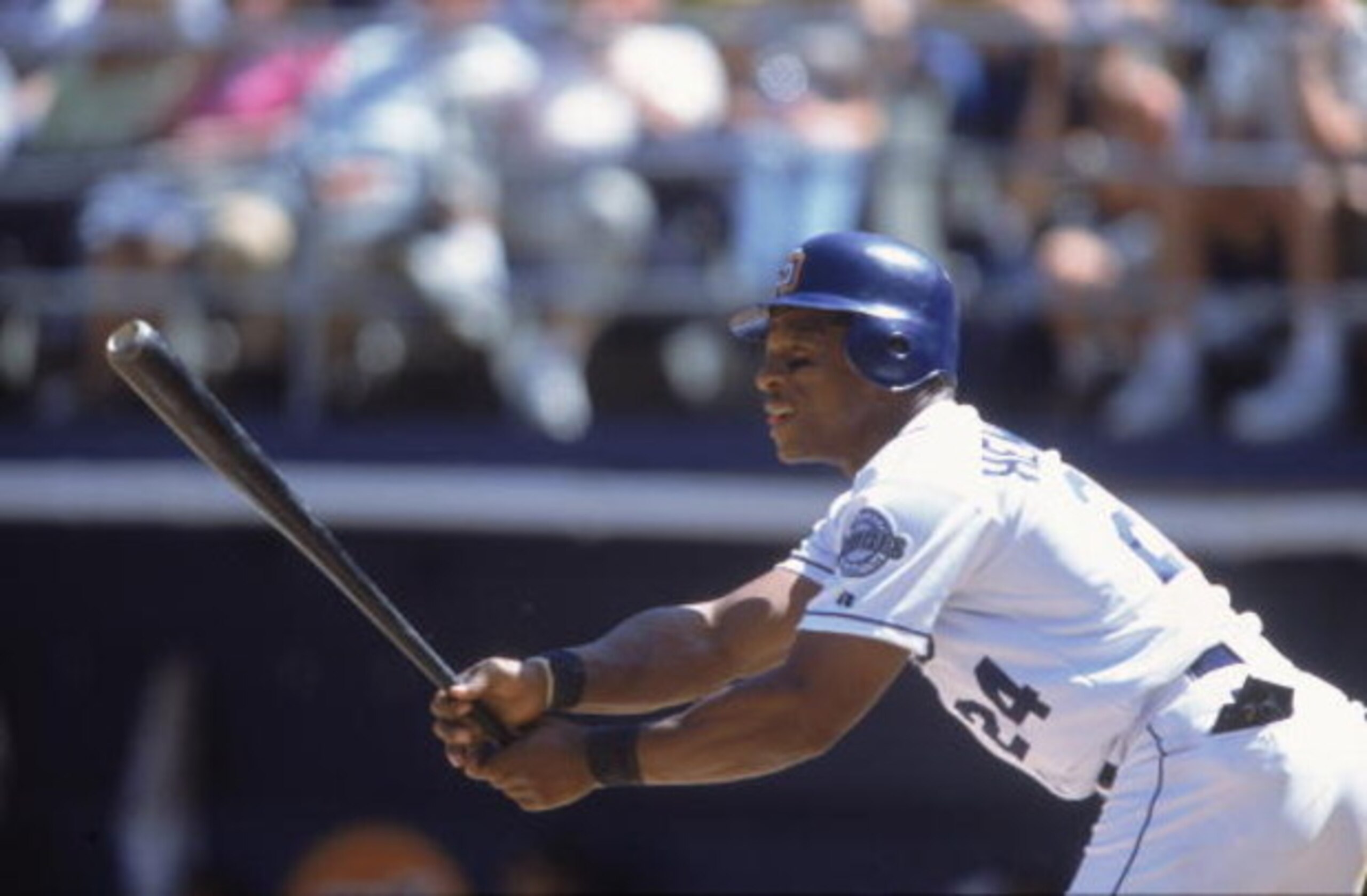 29 Apr 2001:  Rickey Henderson #24 of the San Diego Padres gets ready at the plate during the game against the Pittsburgh Pirates at Qualcomm Stadium in San Diego, California. The Padres defeated the Pirates 6-1.Mandatory Credit: Todd Warshaw  /Allsport