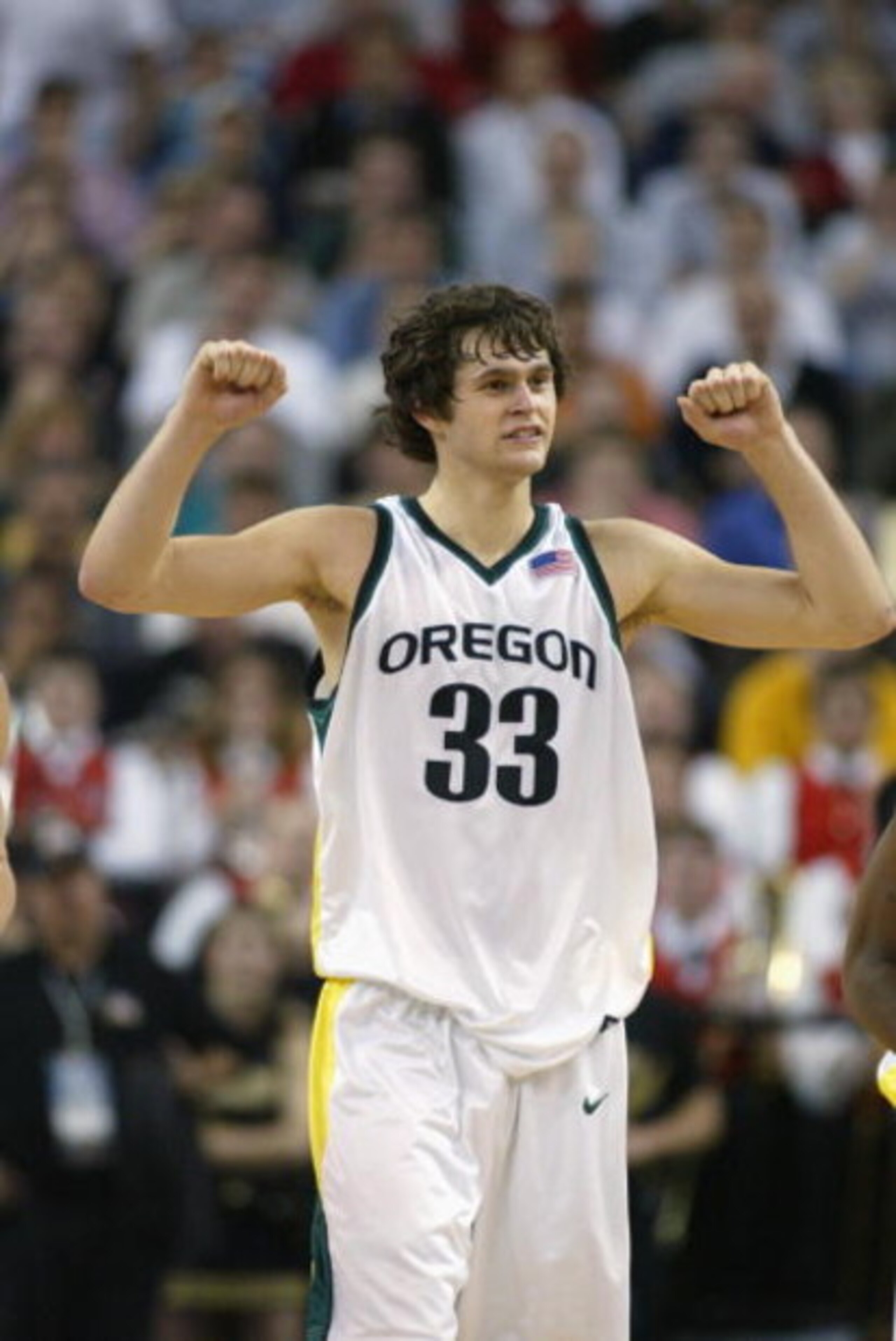 16 Mar 2002:  Luke Jackson #33 of Oregon celebrates during the game against Wake Forest during the second round of the NCAA Division I Basketball Championship at Arco Arena in Sacramento, CA. (Jed Jacobsohn /Getty Images)
