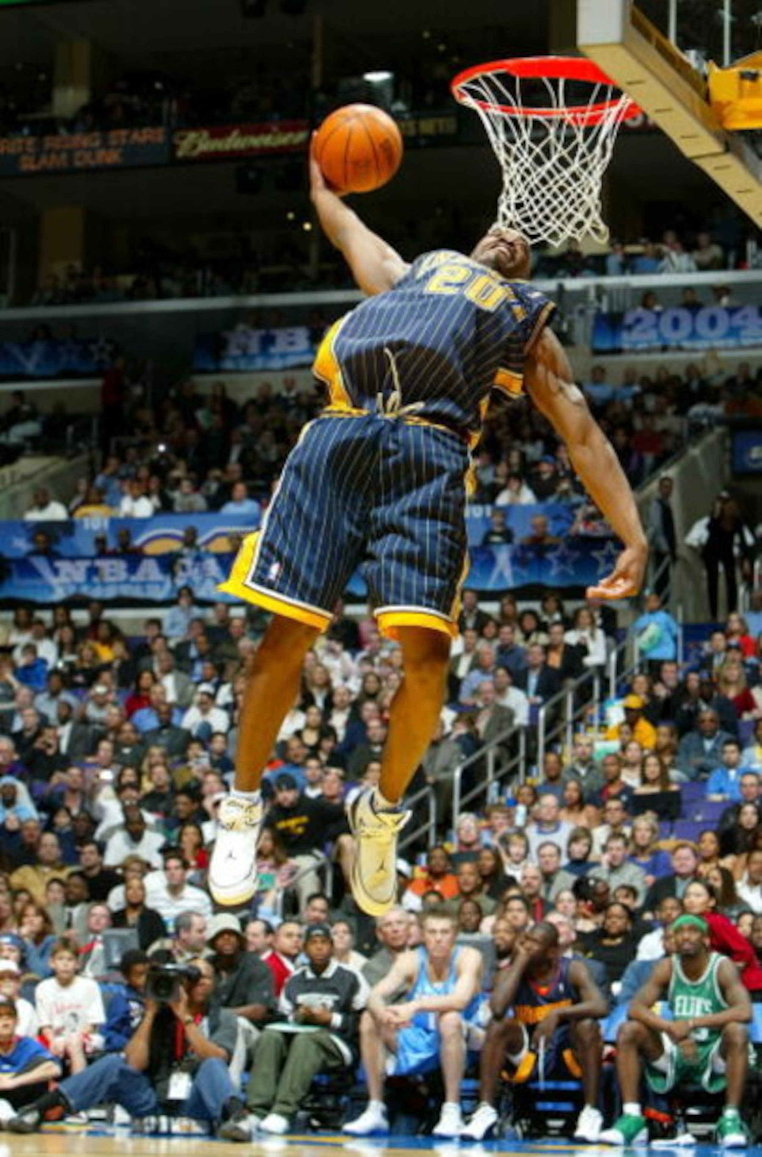 LOS ANGELES - FEBRUARY 14:  Fred Jones #20 of the Indiana Pacers goes up for a dunk in route to winning the Sprite Rising Stars Slam Dunk Competition, part of the 53rd NBA All-Star weekend on February 14, 2004 at the Staples Center in Los Angeles, Califor