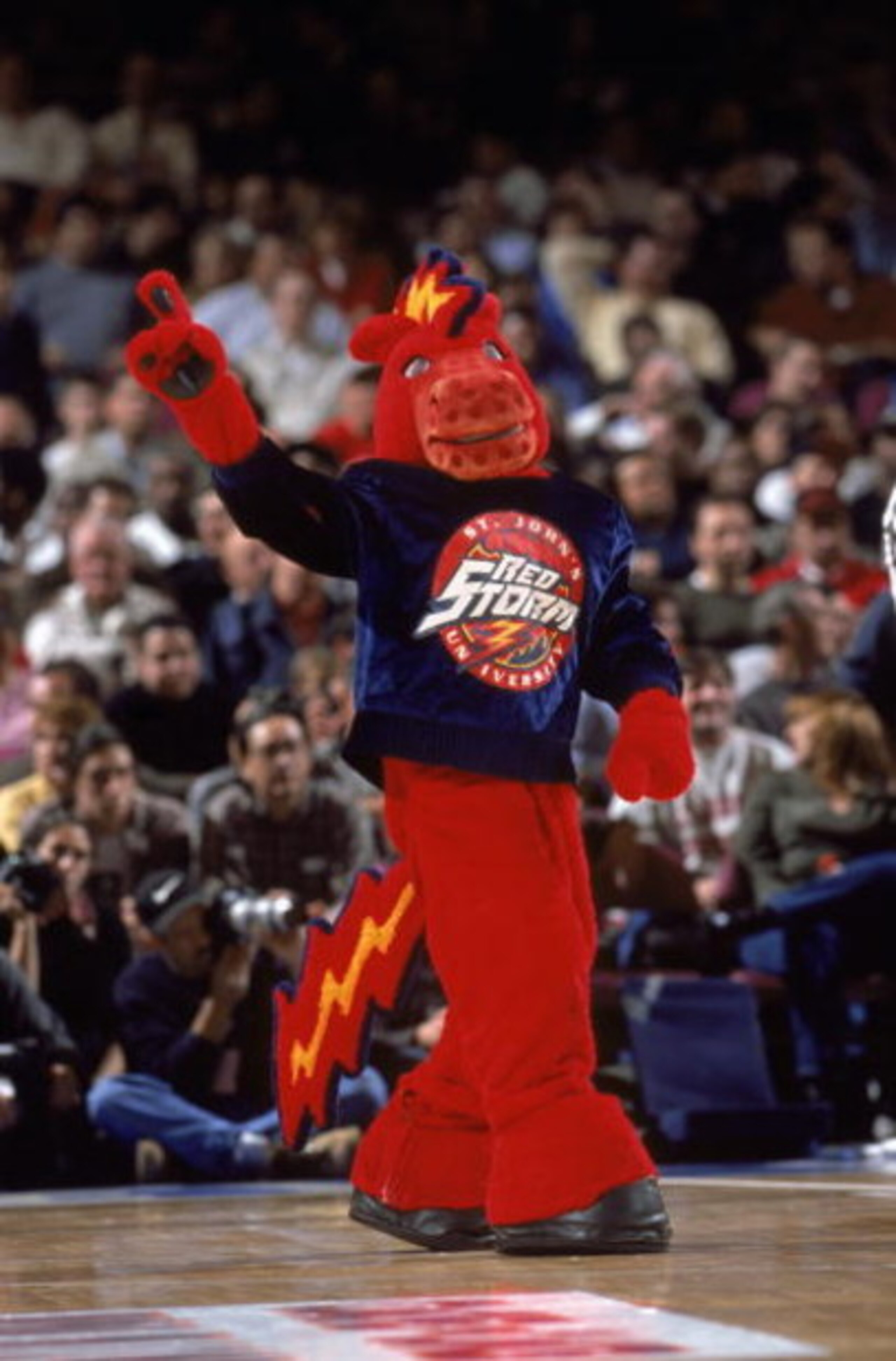NEW YORK - NOVEMBER 10:  Thunder, the St. John's mascot, entertains the crowd during the Coaches v Cancer Classic Tournament game between the St. John's University Red Storm and the Kansas Jayhawks at Madison Square Garden on November 10, 2000 in New York