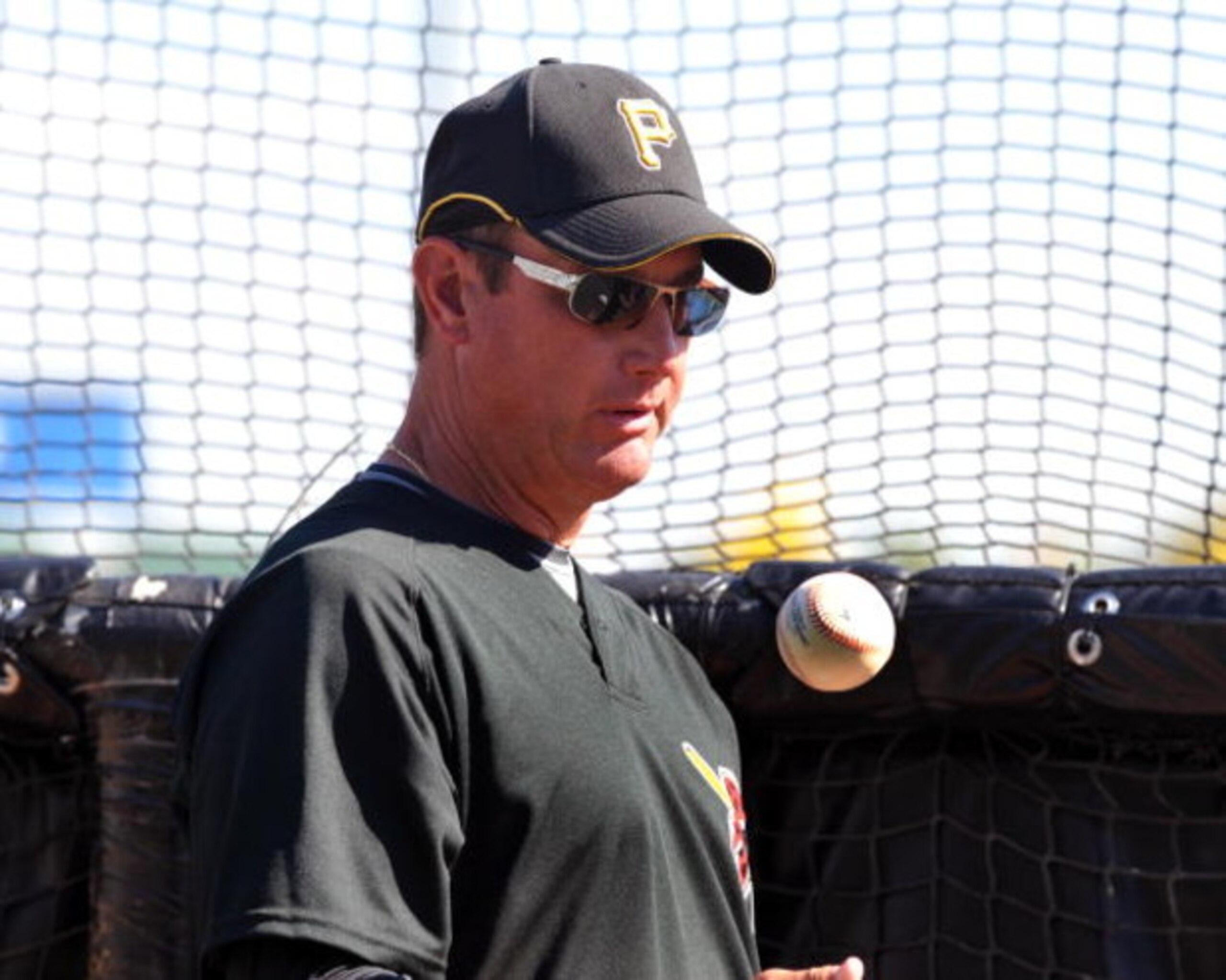 BRADENTON, FL - MARCH 8:  Manager John Russell #7 of the Pittsburgh Pirates tosses a ball before play against the Houston Astros March 8, 2009 at McKechnie Field in Bradenton, Florida.  (Photo by Al Messerschmidt/Getty Images)