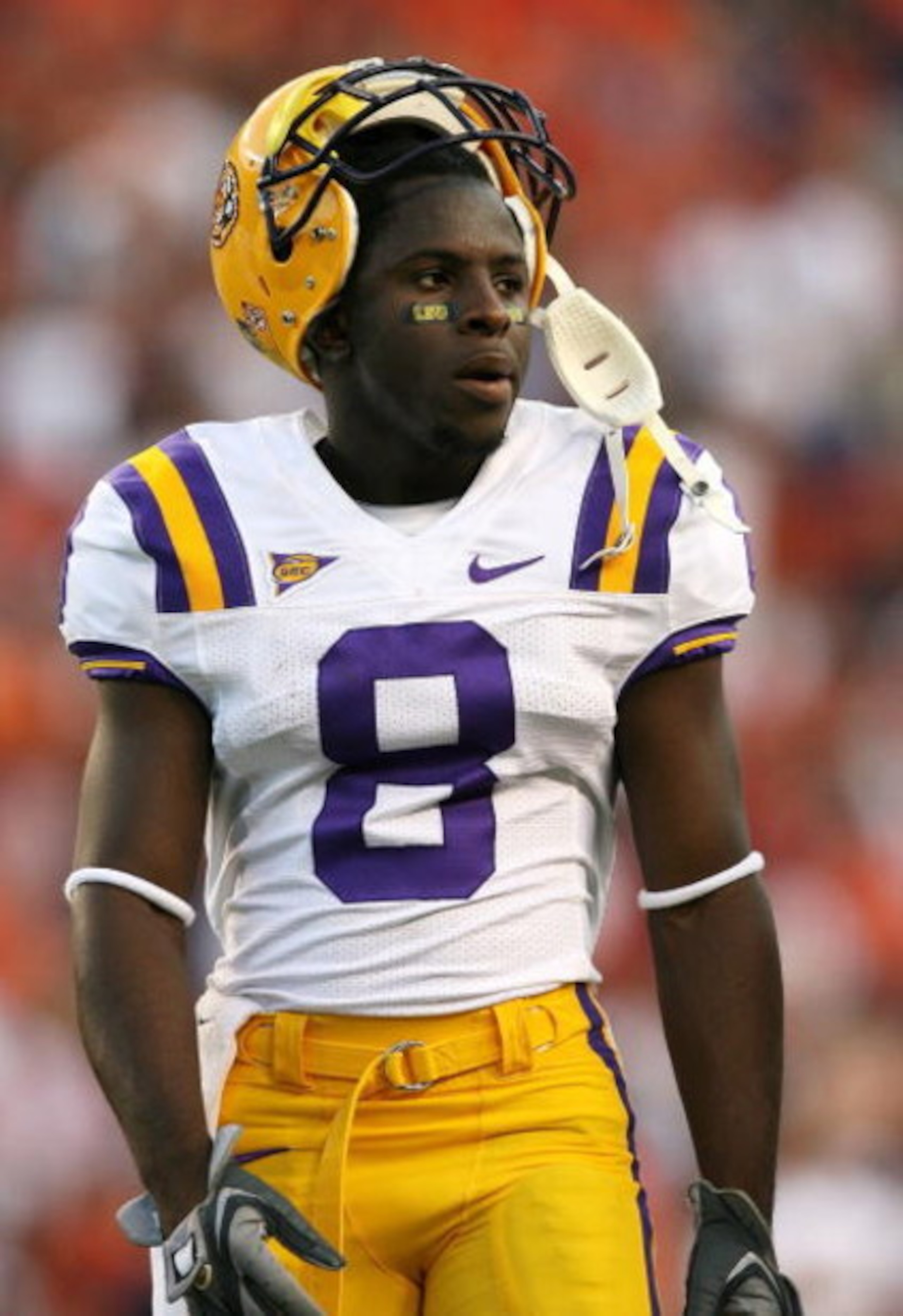AUBURN, AL - SEPTEMBER 20:  Trindon Holliday #8 of the LSU Tigers takes a breather as his team warms-up prior to taking on the Auburn Tigers at Jordan-Hare Stadium on September 20, 2008 in Auburn, Alabama. LSU defeated Auburn 26-21.  (Photo by Doug Benc/G