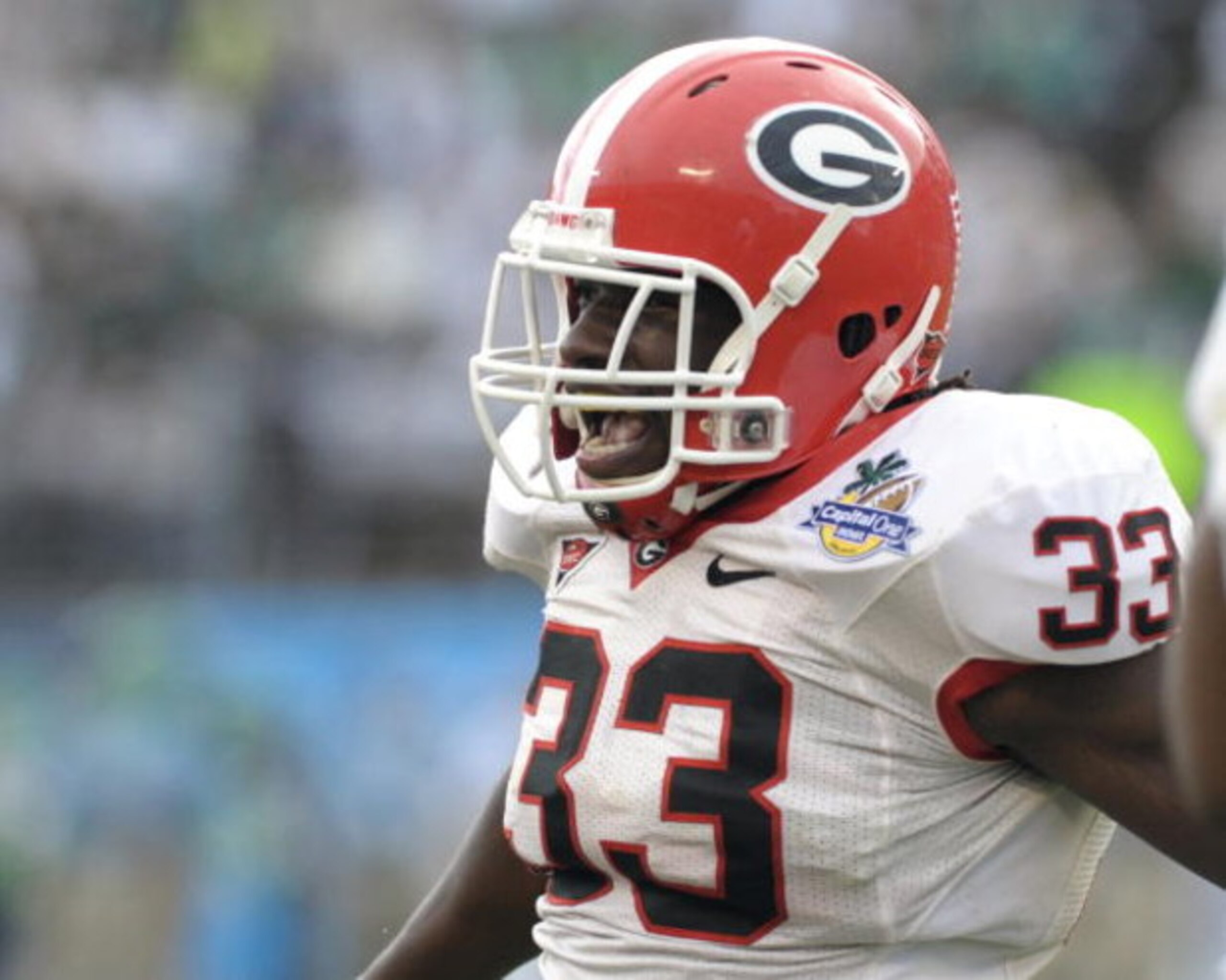 ORLANDO, FL - JANUARY 1: Linebacker Dannell Ellerbe #33 of the University of Georgia cheers play against the Michigan State Spartans at the 2009 Capital One Bowl at the Citrus Bowl on January 1, 2009 in Orlando, Florida.  (Photo by Al Messerschmidt/Getty 
