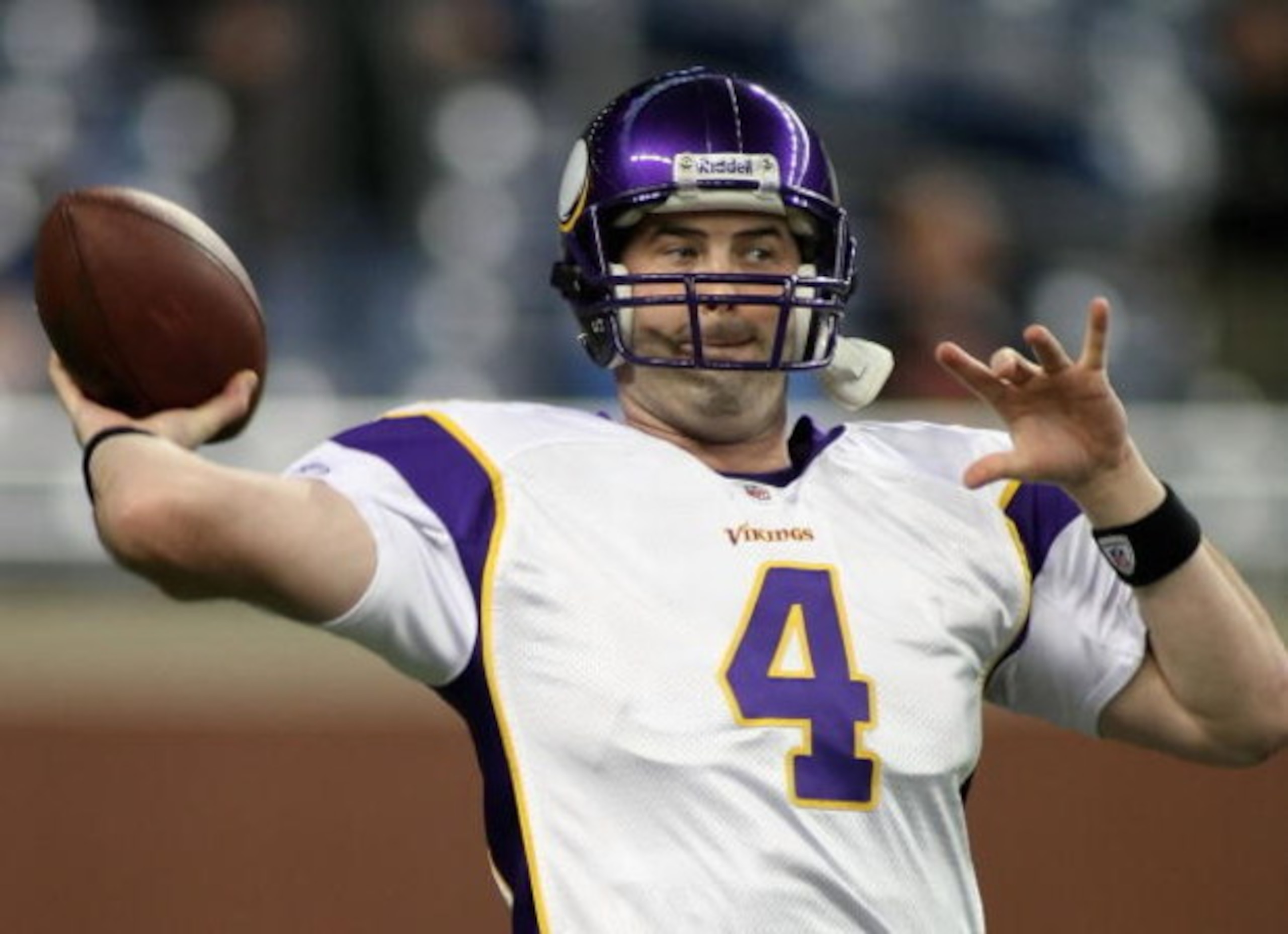 DETROIT - DECEMBER 07:  Quarterback John David Booty #4 of the Minnesoa Vikings warms up before the NFL game against the Detroit Lions at Ford Field on December 7, 2008 in Detroit, Michigan. The Vikings defeated the Lions 20-16.  (Photo by Christian Peter