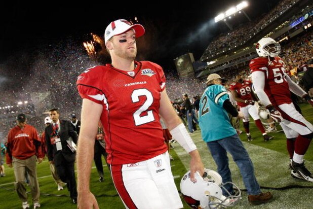 TAMPA, FL - FEBRUARY 01:  Brian St. Pierre #2 of the Arizona Cardinals walks off the field after the Cardinals lost 27-23 against the Pittsburgh Steelers during Super Bowl XLIII on February 1, 2009 at Raymond James Stadium in Tampa, Florida.  (Photo by Ch