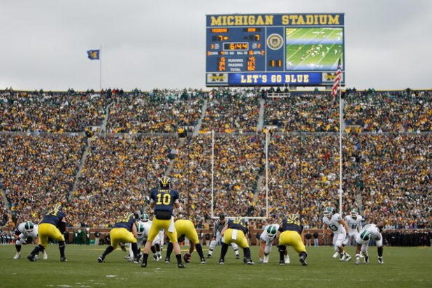 ANN ARBOR, MI - OCTOBER 25:  Steven Threet #10 of the Michigan Wolverines lines up for a play during the game against the Michigan State Spartans on October 25, 2008 at Michigan Stadium in Ann Arbor, Michigan. Michigan State won the game 35-21. (Photo by 