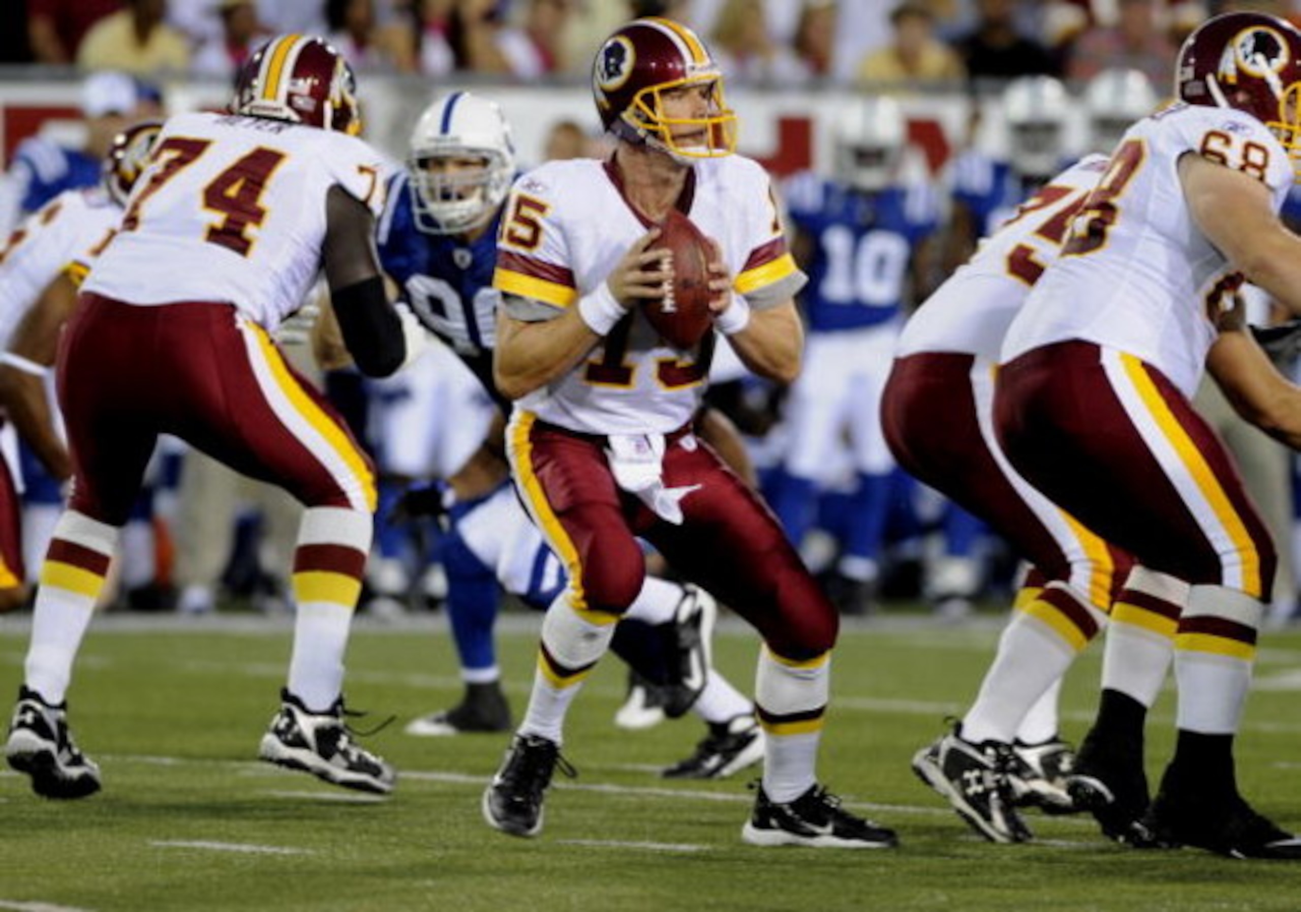 CANTON, OH - AUGUST 3: Quarterback Todd Collins #15 of the Washington Redskins sets to pass against the Indianapolis Colts in the Pro Football Hall of Fame Game at Fawcett Stadium on August 3, 2008 in Canton, Ohio.   (Photo by Al Messerschmidt/Getty Image
