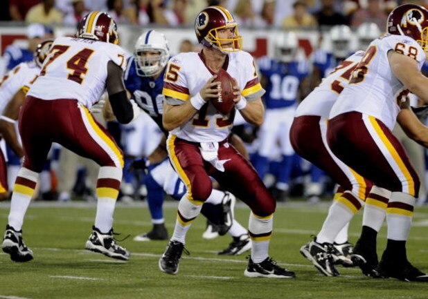 CANTON, OH - AUGUST 3: Quarterback Todd Collins #15 of the Washington Redskins sets to pass against the Indianapolis Colts in the Pro Football Hall of Fame Game at Fawcett Stadium on August 3, 2008 in Canton, Ohio.   (Photo by Al Messerschmidt/Getty Image
