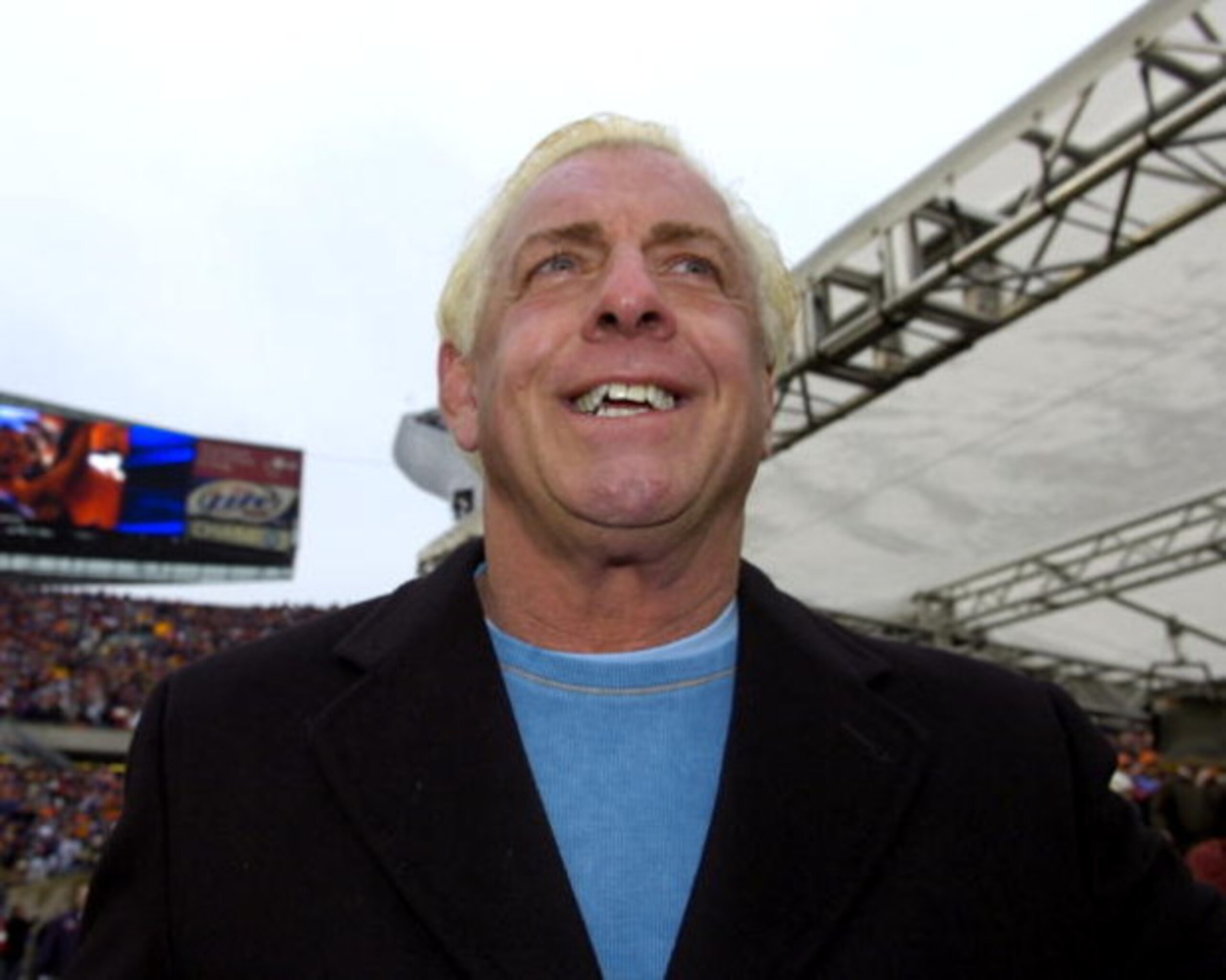 Wrestler Ric Flair on the sidelines before the NFC Championship  game as the Chicago Bears host the New Orleans Saints Jan. 21, 2007 at Soldier Field, Chicago.  (Photo by Al Messerschmidt/Getty Images)