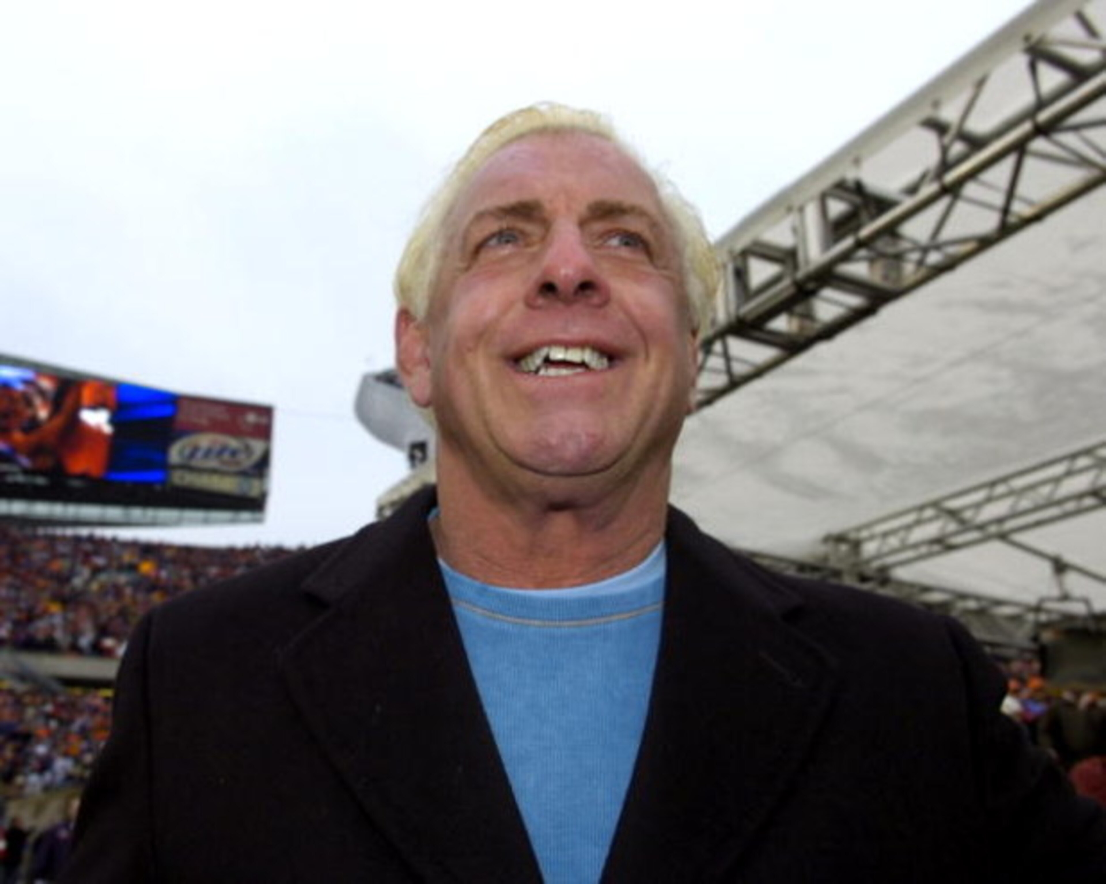 Wrestler Ric Flair on the sidelines before the NFC Championship  game as the Chicago Bears host the New Orleans Saints Jan. 21, 2007 at Soldier Field, Chicago.  (Photo by Al Messerschmidt/Getty Images)