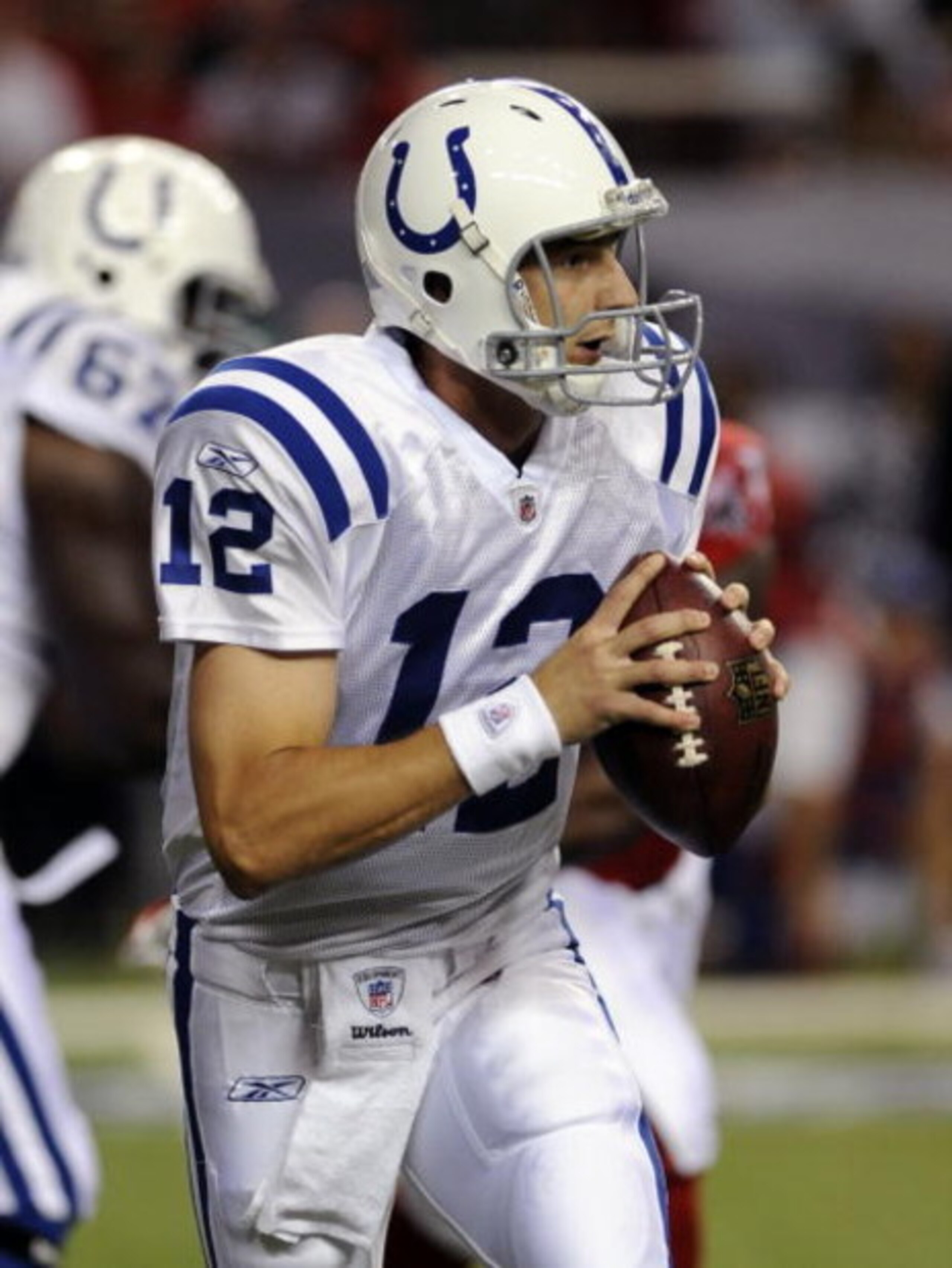 ATLANTA - AUGUST 16: Quarterback Jim Sorgi #12 of the Indianapolis Colts  sets to pass against the Atlanta Falcons at the Georgia Dome on August 16, 2008 in Atlanta, Georgia.   (Photo by Al Messerschmidt/Getty Images) 