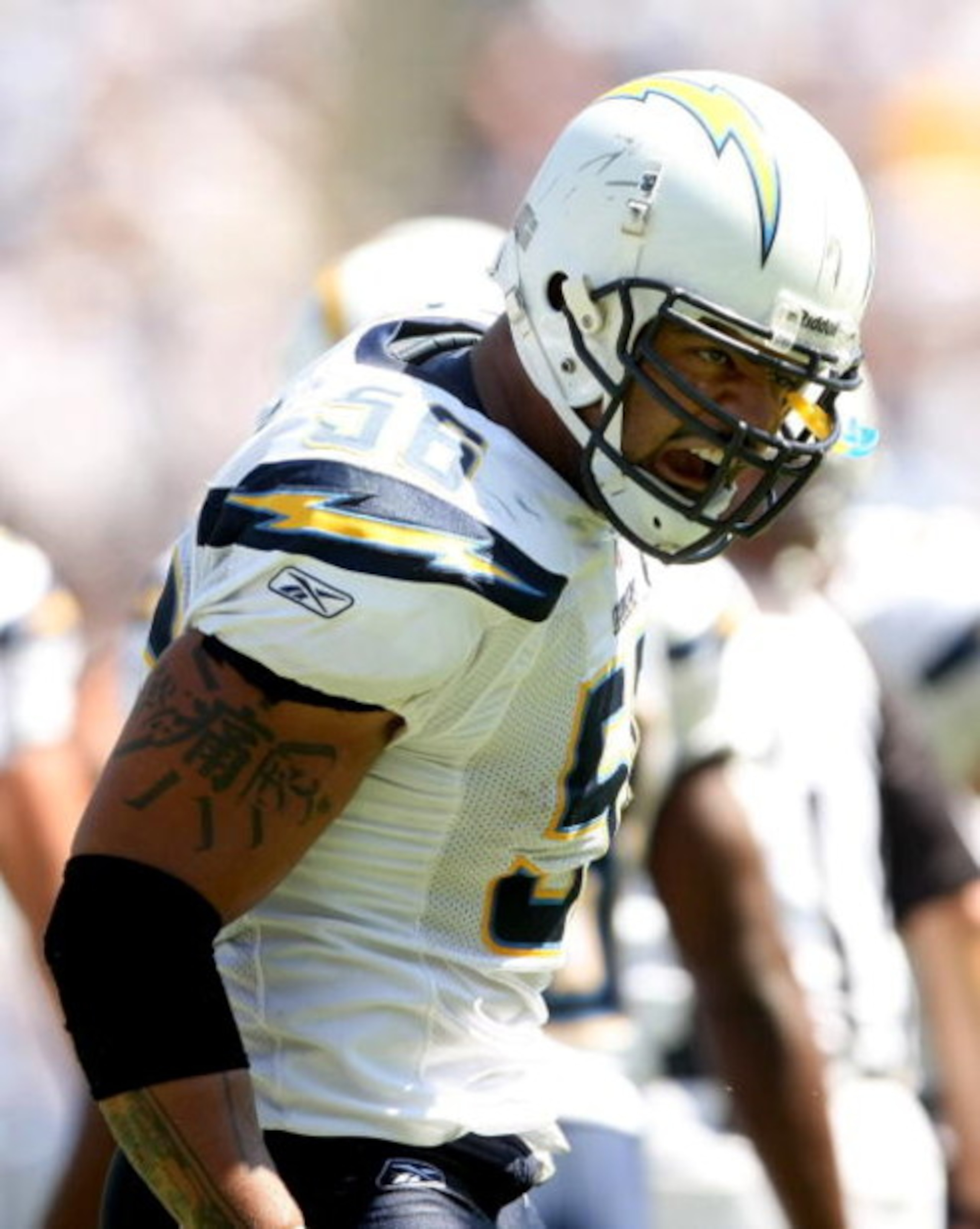 SAN DIEGO - SEPTEMBER 07:  Linebacker Shawne Merriman #56 of the San Diego Chargers exhorts the crowd against the Carolina Panthers on September 7, 2008 at Qualcomm Stadium in San Diego, California. The Panthers won 26-24.  (Photo by Stephen Dunn/Getty Im