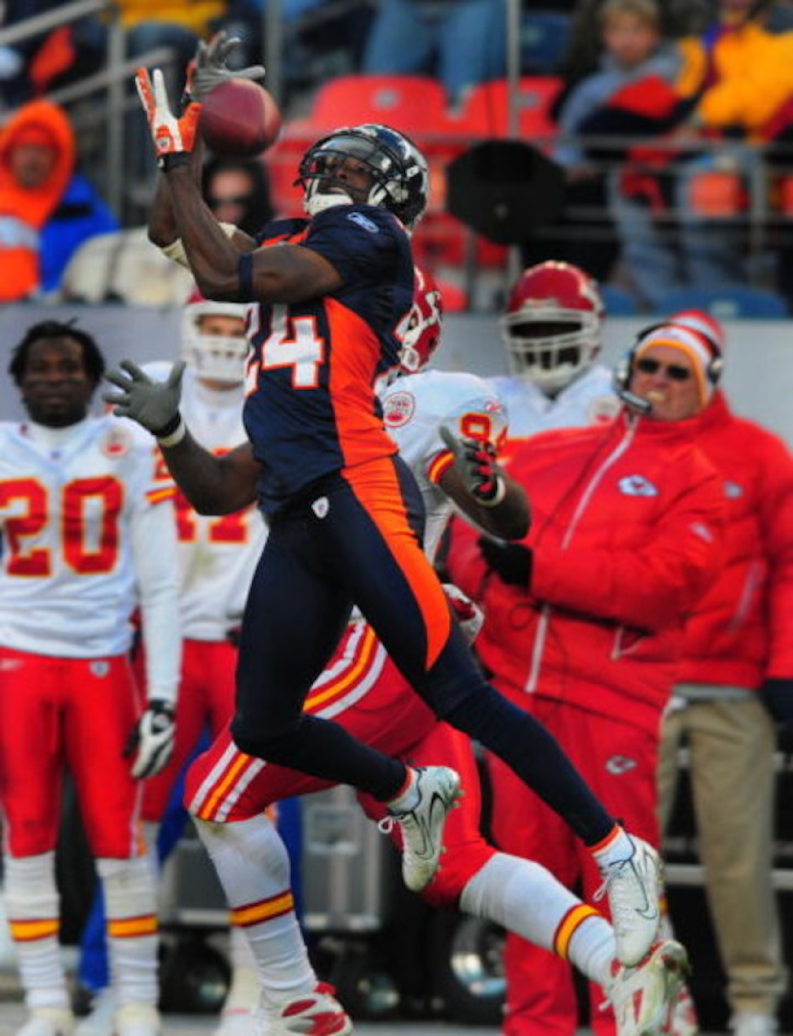 DENVER - DECEMBER 9:  Champ Bailey #24 of the Denver Broncos intercepts a pass thrown by Brodie Croyle of the Kansas City Chiefs in the third quarter of the game at Invesco Field at Mile High December 9, 2007 in Denver, Colorado.  (Photo by Steve Dykes/Ge
