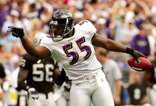 BALTIMORE - SEPTEMBER 17:  Linebacker Terrell Suggs #55 of the Baltimore Ravens gestures to the crowd after recovering a fumble in first quarter against the Oakland Raiders on September 17, 2006 at M&T Bank Stadium in Baltimore, Maryland.  (Photo by Win M