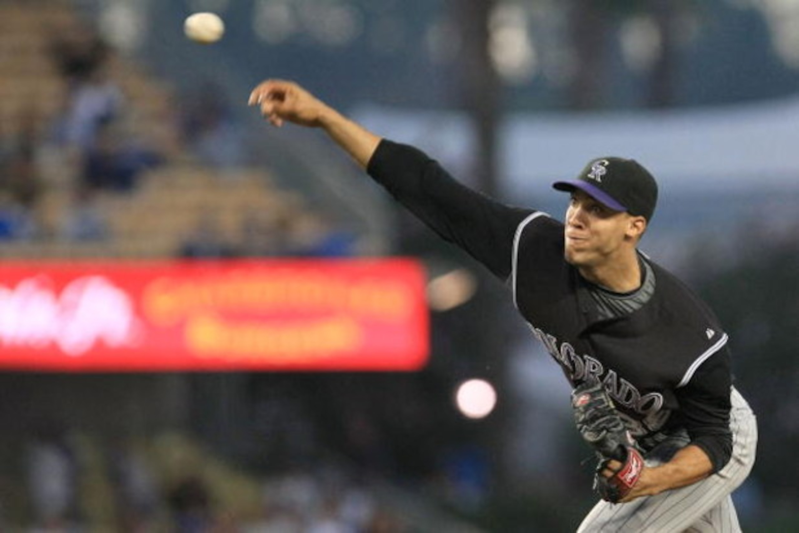 LOS ANGELES, CA - AUGUST 19:  Ubaldo Jimenez #38 of the Colorado Rockies pitches against the Los Angeles Dodgers in the first inning during the game at Dodger Stadium August 19, 2008 in Los Angeles, California.  (Photo by Jonathan Moore/Getty Images)