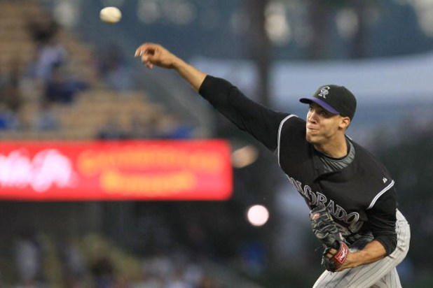 LOS ANGELES, CA - AUGUST 19:  Ubaldo Jimenez #38 of the Colorado Rockies pitches against the Los Angeles Dodgers in the first inning during the game at Dodger Stadium August 19, 2008 in Los Angeles, California.  (Photo by Jonathan Moore/Getty Images)