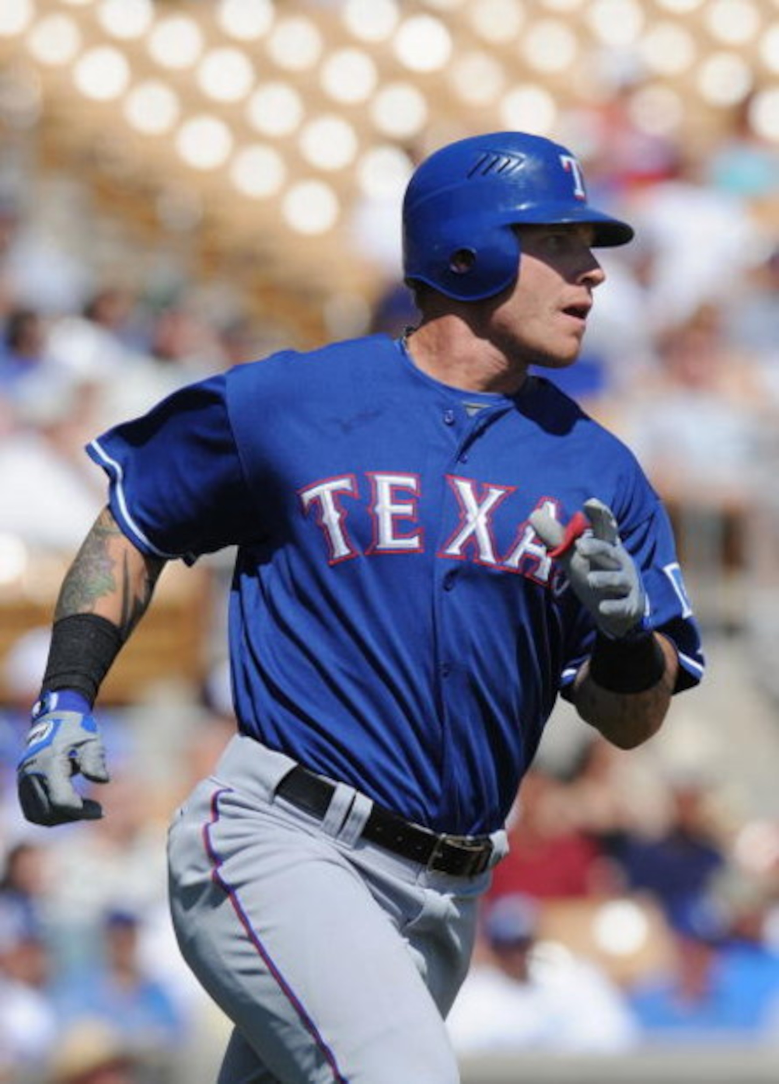 GLENDALE, AZ - MARCH 13:   Josh Hamilton #32 of the Texas Rangers runs the bases after hitting a homerun in the first inning during a Spring Training game against the Los Angeles Dodgers on March 13, 2009 at Camelback Ranch in Glendale, Arizona.  (Photo b