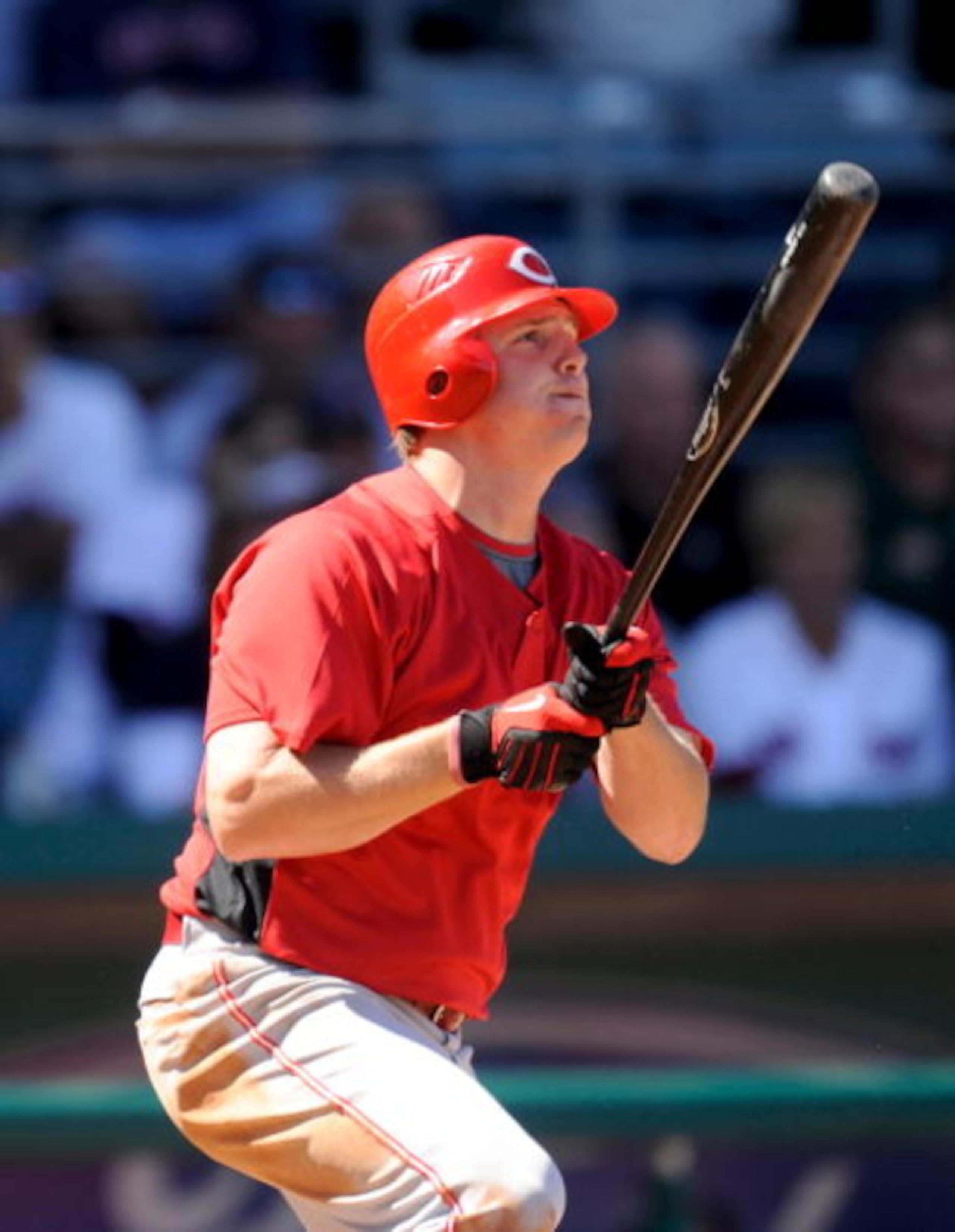 FORT MYERS, FL - MARCH 03: Jay Bruce #32 of the Cincinnati Reds hits a home run against the Boston Red Sox at the City of Palms Park on March 3, 2009 in Fort Myers, Florida (Photo by Rob Tringali/Getty Images)