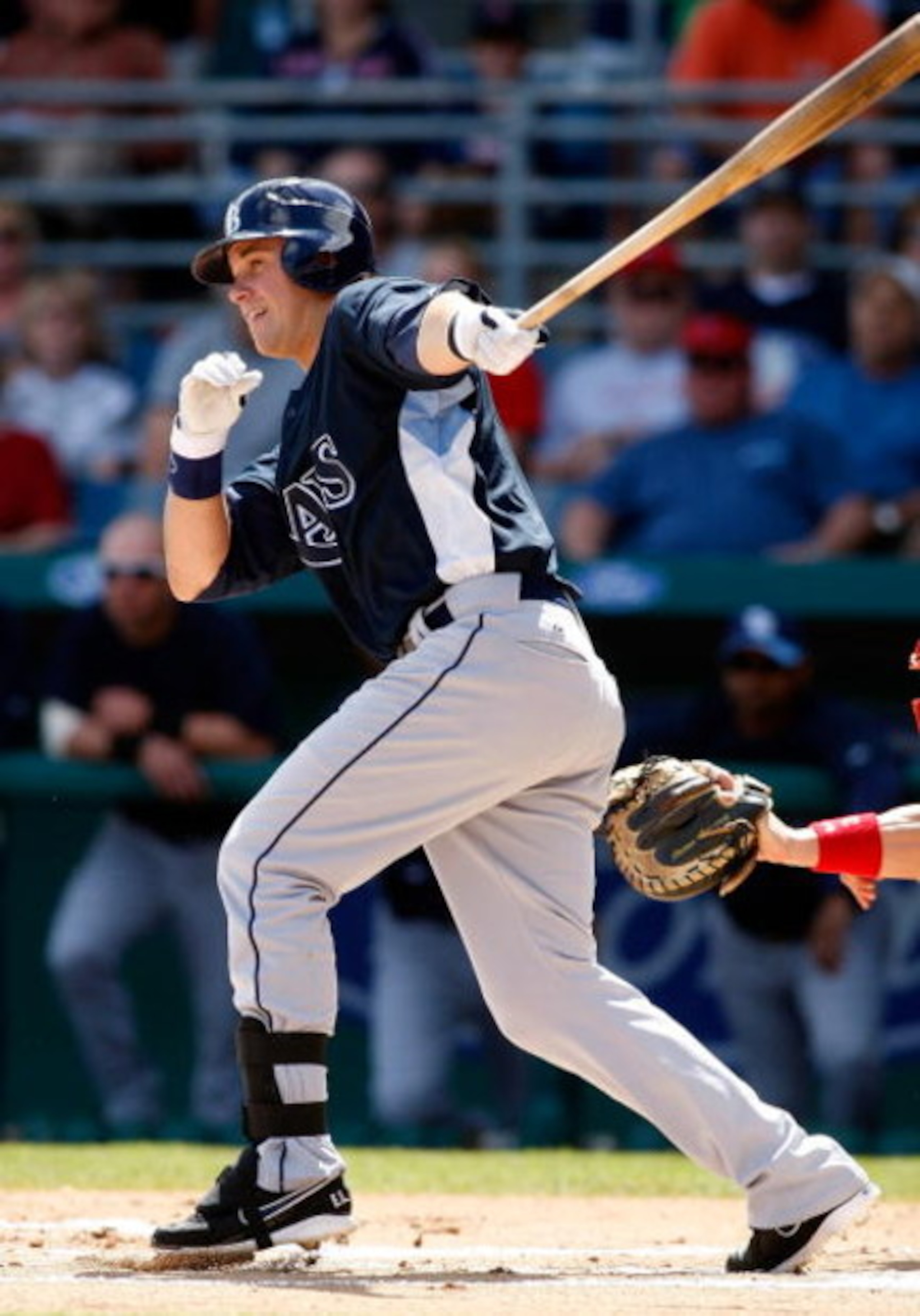 FORT MYERS, FL - MARCH 08:  Third baseman Evan Longoria #3 of the Tampa Bay Rays fouls off a pitch against the Boston Red Sox during a Grapefruit League Spring Training Game at City of Palms Park on March 8, 2009 in Fort Myers, Florida.  (Photo by J. Meri