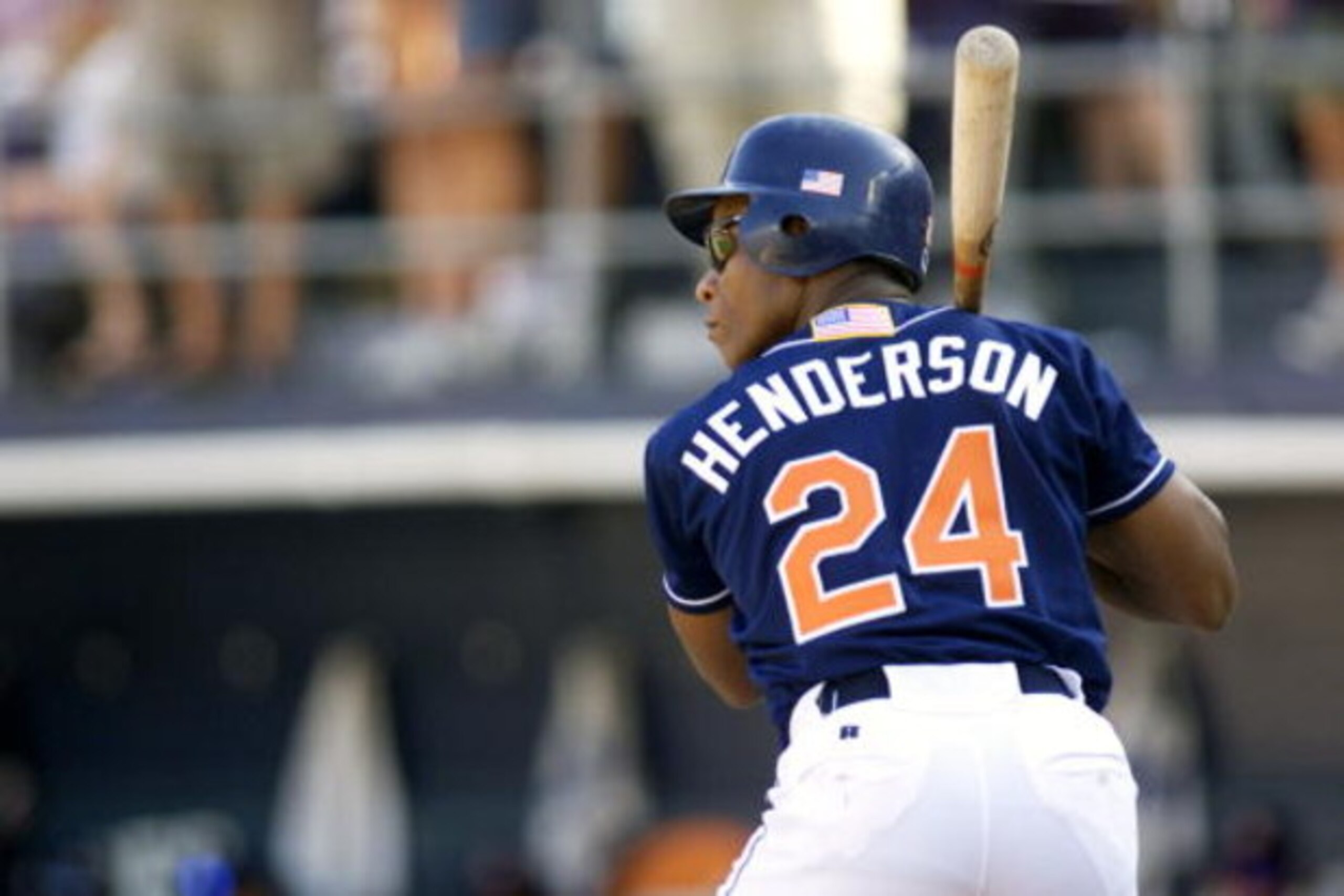 7 Oct 01: San Diego Padres outfielder Rickey Henderson #24 awaits the pitch that he would double on for his 3000th hit versus the Colorado Rockies in their game at Qualcomm Stadium in San Diego, California. The Rockies won 14-5. DIGITAL IMAGE Mandator 7 Oct 01: San Diego Padres outfielder Rickey Henderson #24 awaits the pitch that he would double on for his 3000th hit versus the Colorado Rockies in their game at Qualcomm Stadium in San Diego, California. The Rockies won 14-5. DIGITAL IMAGE Mandator