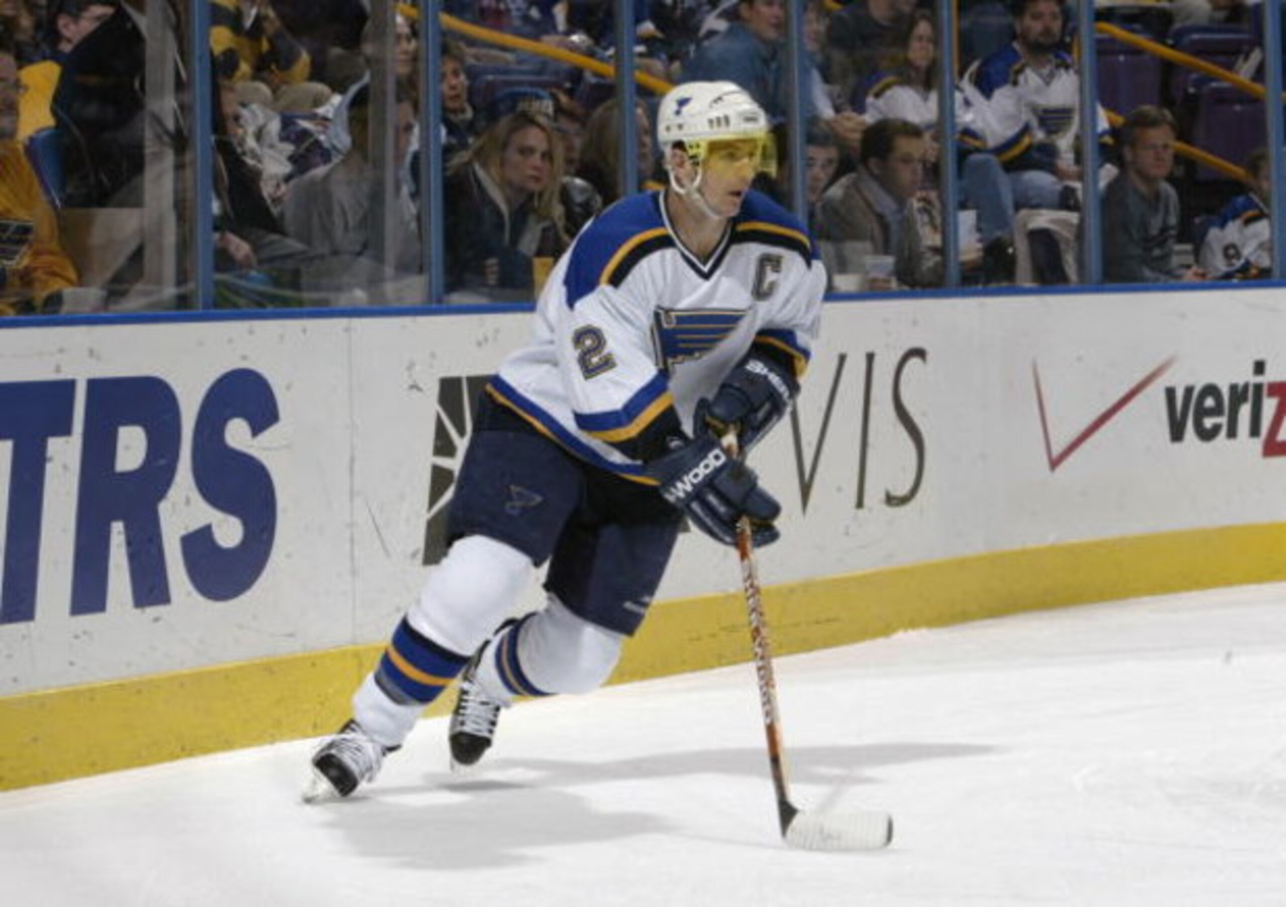 ST. LOUIS - OCTOBER 15: Defenseman Al MacInnis #2 of the St. Louis Blues plays the puck behind the net against the Carolina Hurricanes during their NHL game on October 15, 2002 at the Savvis Center in St. Louis, Missouri. The Blues beat the Hurricanes 2- ST. LOUIS - OCTOBER 15: Defenseman Al MacInnis #2 of the St. Louis Blues plays the puck behind the net against the Carolina Hurricanes during their NHL game on October 15, 2002 at the Savvis Center in St. Louis, Missouri. The Blues beat the Hurricanes 2-