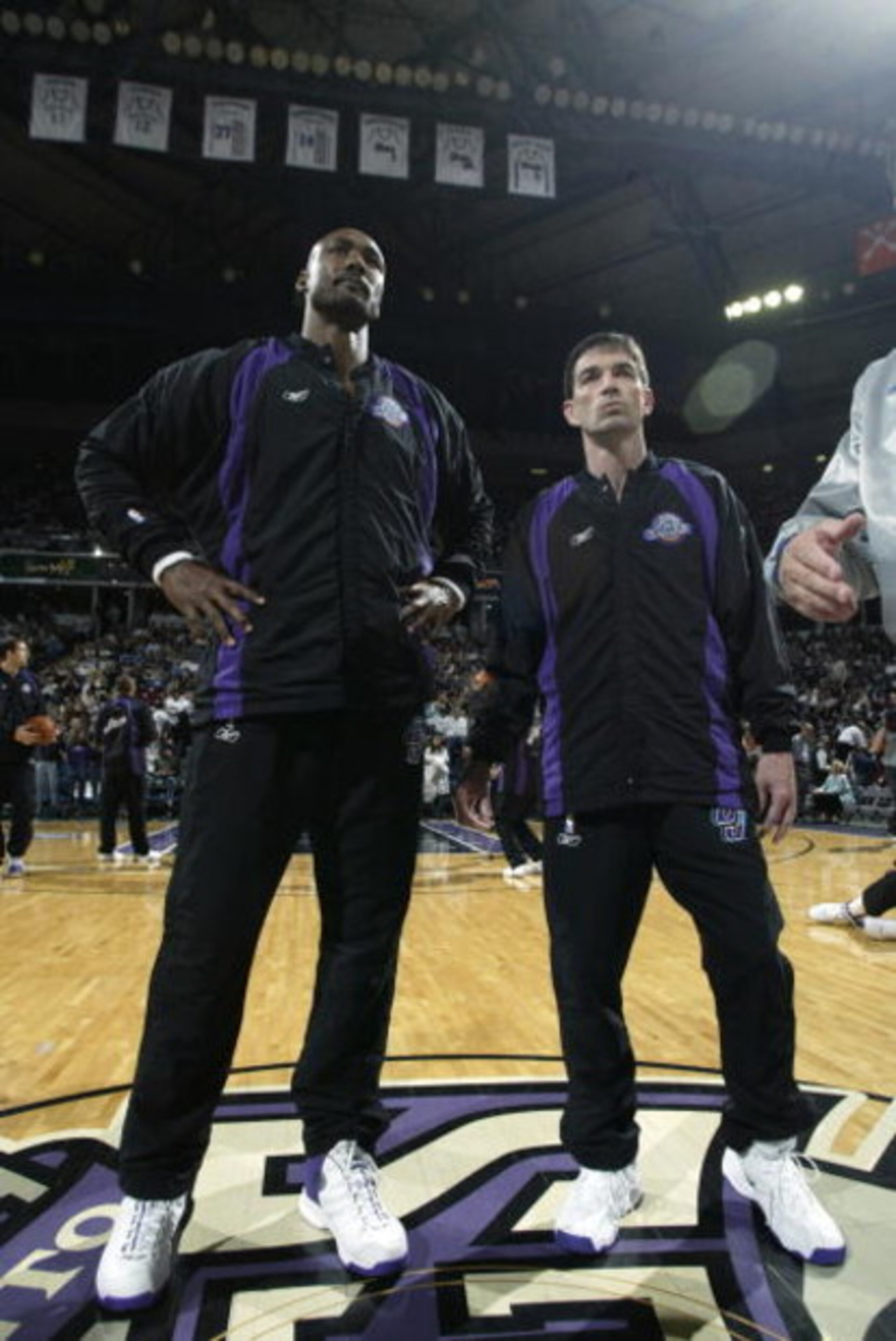 SACRAMENTO, CA - APRIL 30: (Left to Right) Karl Malone #32 stands next to John Stockton #12 of the Utah Jazz before Game five of the Western Conference Quarterfinals against the Sacramento Kings during the 2003 NBA Playoffs at Arco Arena on April 30, 200 SACRAMENTO, CA - APRIL 30: (Left to Right) Karl Malone #32 stands next to John Stockton #12 of the Utah Jazz before Game five of the Western Conference Quarterfinals against the Sacramento Kings during the 2003 NBA Playoffs at Arco Arena on April 30, 200