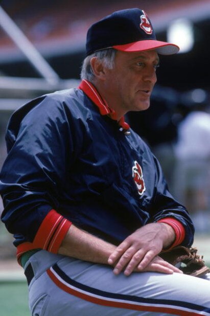 ANAHEIM, CA - JULY:  Phil Niekro of the Cleveland Indians looks on during practice prior to a game against the California Angels in July of 1986 at Anaheim Stadium in Anaheim, California.  (Photo by Stephen Dunn/Getty Images) 