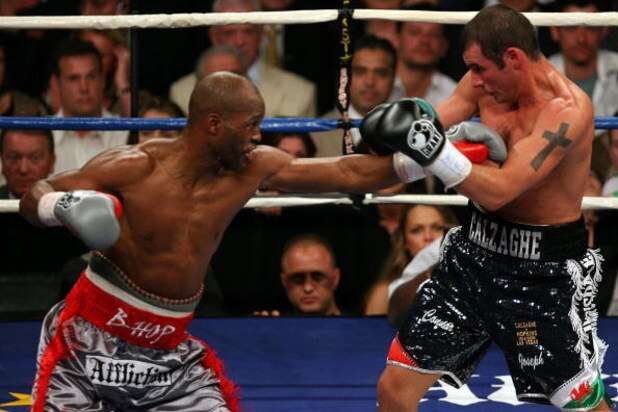 LAS VEGAS - APRIL 19:  (L-R) Bernard Hopkins throws a left at the body of Joe Calzaghe of Wales during their light heavyweight bout at Thomas & Mack Center on April 19, 2008 in Las Vegas, Nevada.  (Photo by Ethan Miller/Getty Images)