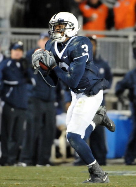 STATE COLLEGE - NOVEMBER 22:  Deon Butler #3 of the Penn State Nittany Lions pulls in a pass against the Michigan State Spartans on November 22, 2008 at Beaver Stadium in State College, Pennsylvania.  (Photo by Joe Sargent/Getty Images)