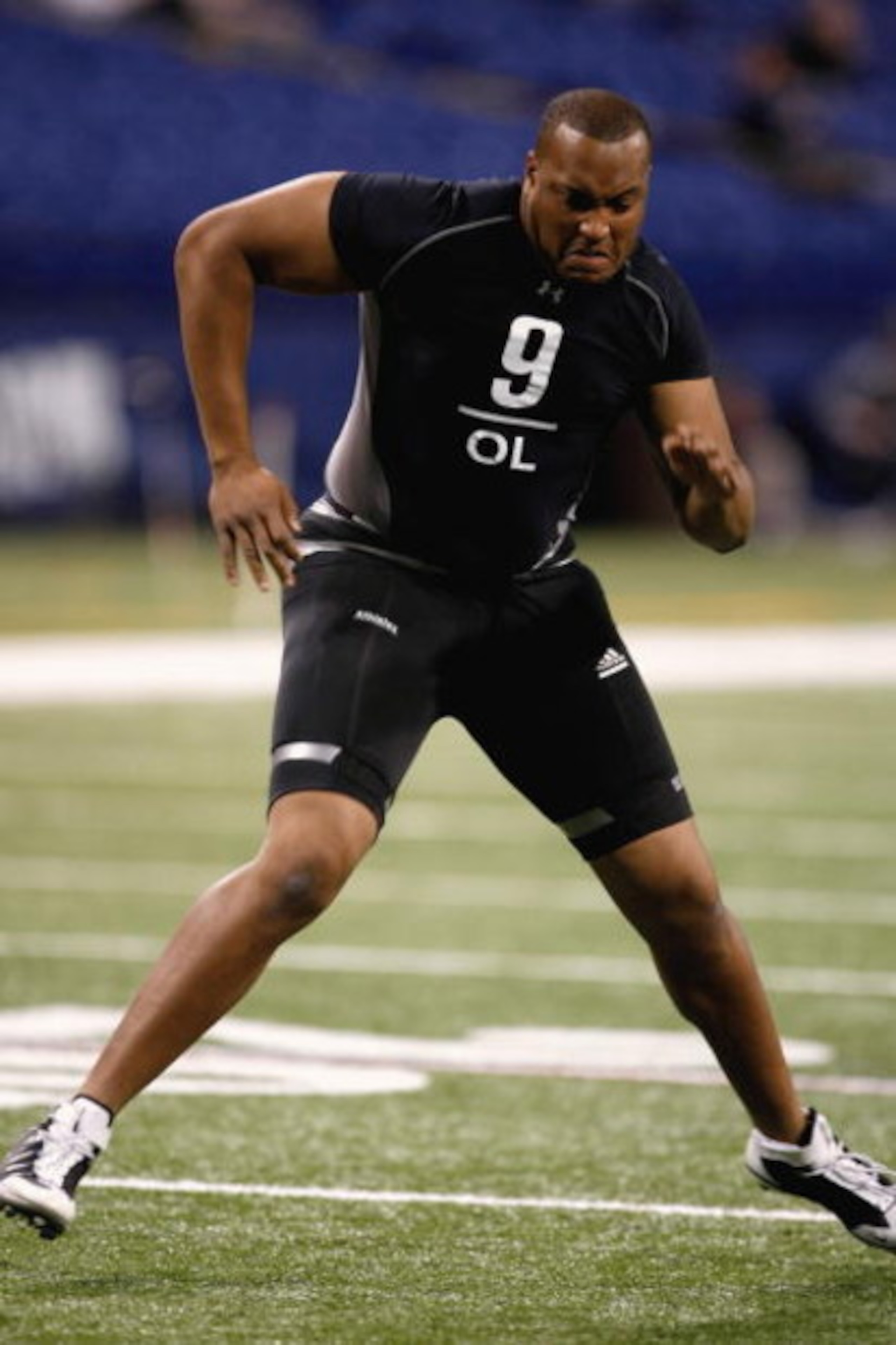 INDIANAPOLIS, IN - FEBRUARY 21:  Offensive lineman Gerald Cadogan of Penn State runs in practice drills during the NFL Scouting Combine presented by Under Armour at Lucas Oil Stadium on February 21, 2009 in Indianapolis, Indiana. (Photo by Scott Boehm/Get