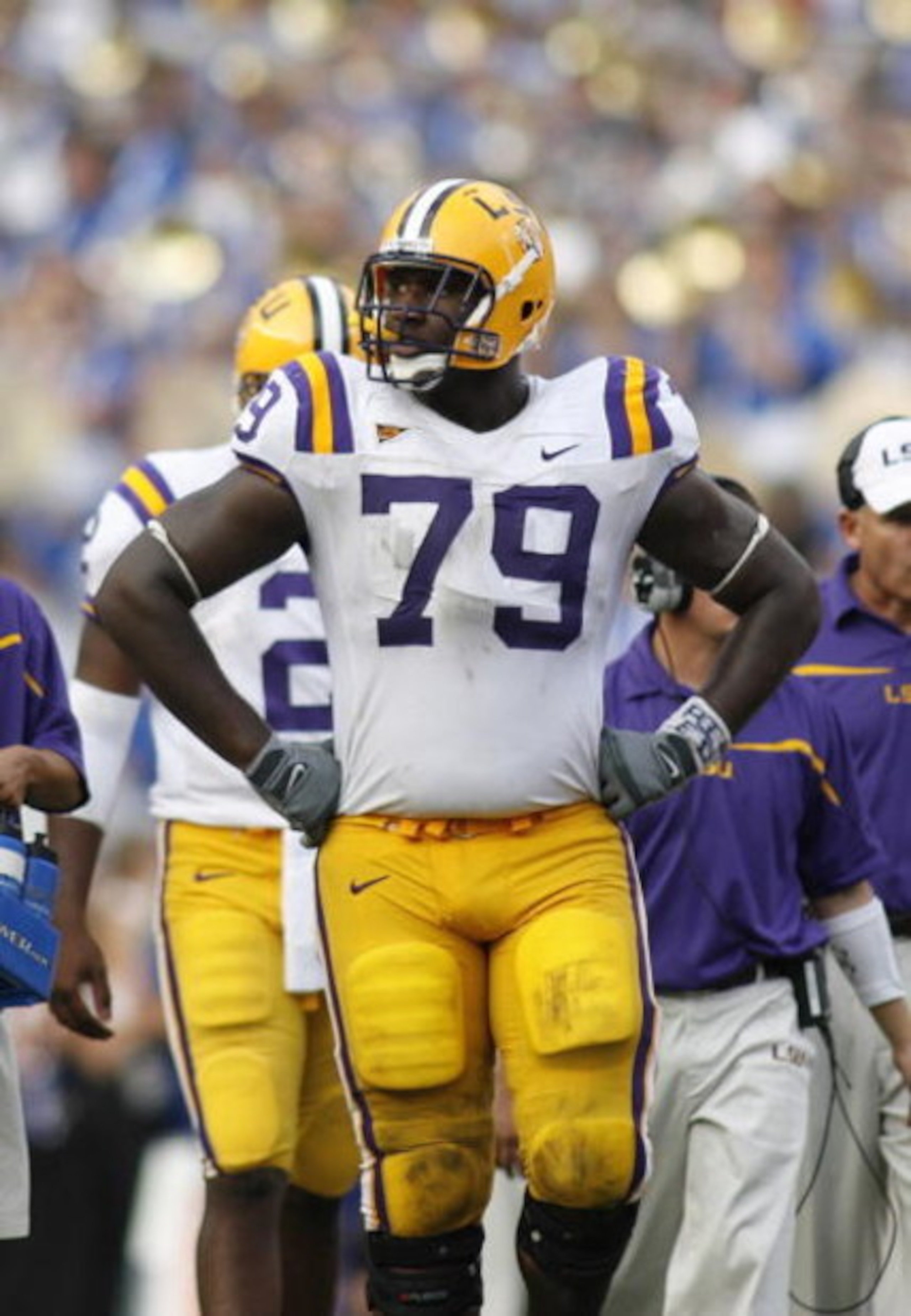 GAINESVILLE, FL - OCTOBER 7:  Offensive lineman Herman Johnson #79 of the LSU Tigers stands on the sideline during the game against the Florida Gators at Ben Hill Griffin Stadium on October 7, 2006 in Gainesville, Florida. Florida won 23-10.  (Photo by Ma