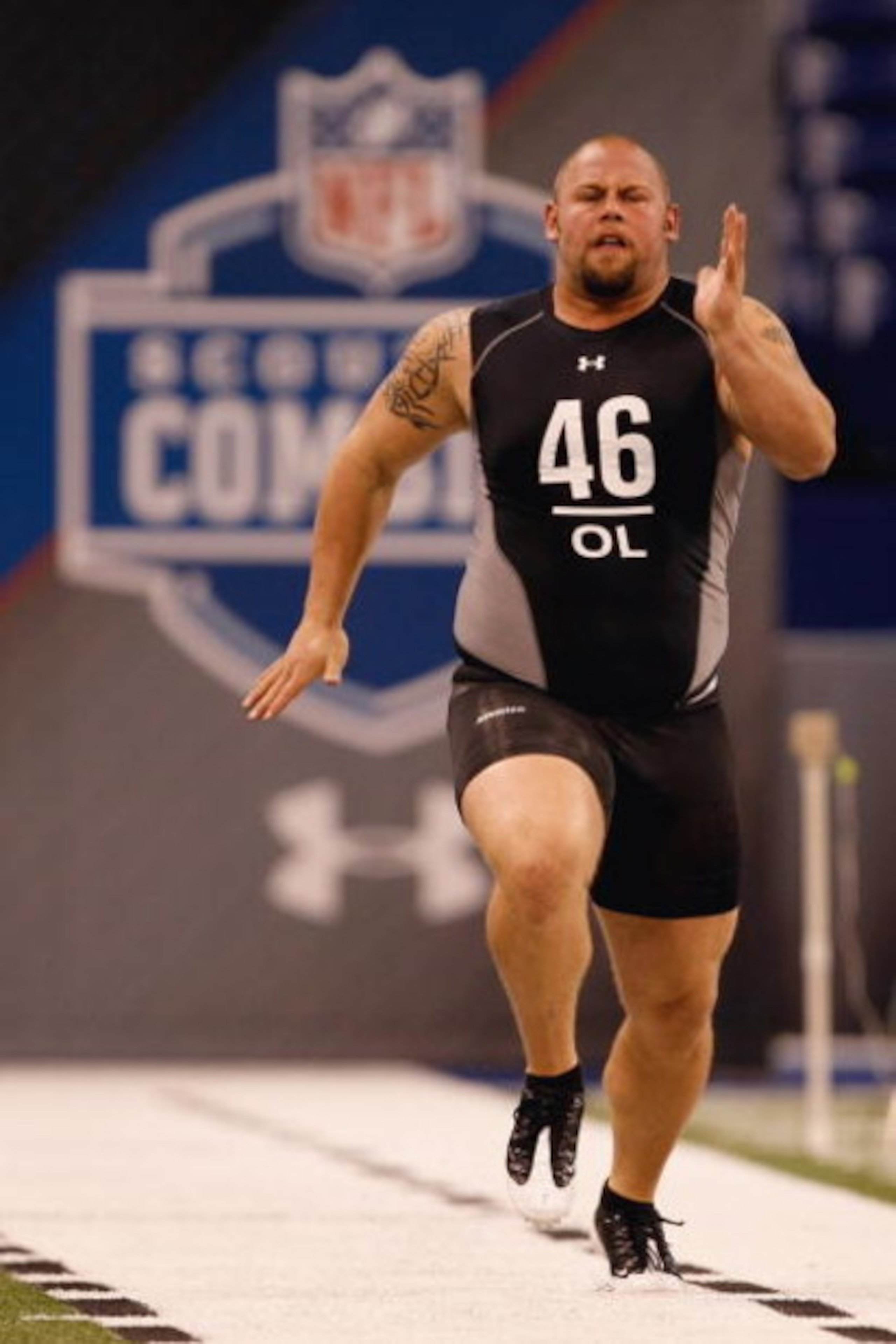 INDIANAPOLIS, IN - FEBRUARY 21:  Offensive lineman AQ Shipley of Penn State runs the 40 yard dash during the NFL Scouting Combine presented by Under Armour at Lucas Oil Stadium on February 21, 2009 in Indianapolis, Indiana. (Photo by Scott Boehm/Getty Ima