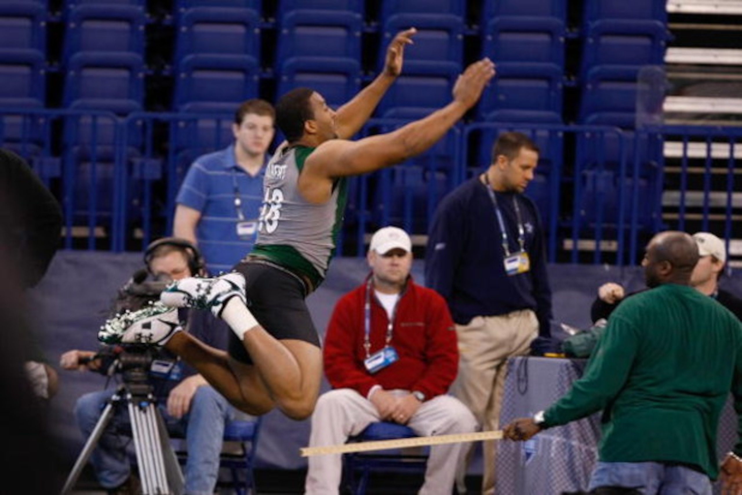 INDIANAPOLIS, IN - FEBRUARY 23:  Defensive lineman Jarron Gilbert of San Jose State jumps in the broad jump during the NFL Scouting Combine presented by Under Armour at Lucas Oil Stadium on February 23, 2009 in Indianapolis, Indiana. (Photo by Scott Boehm