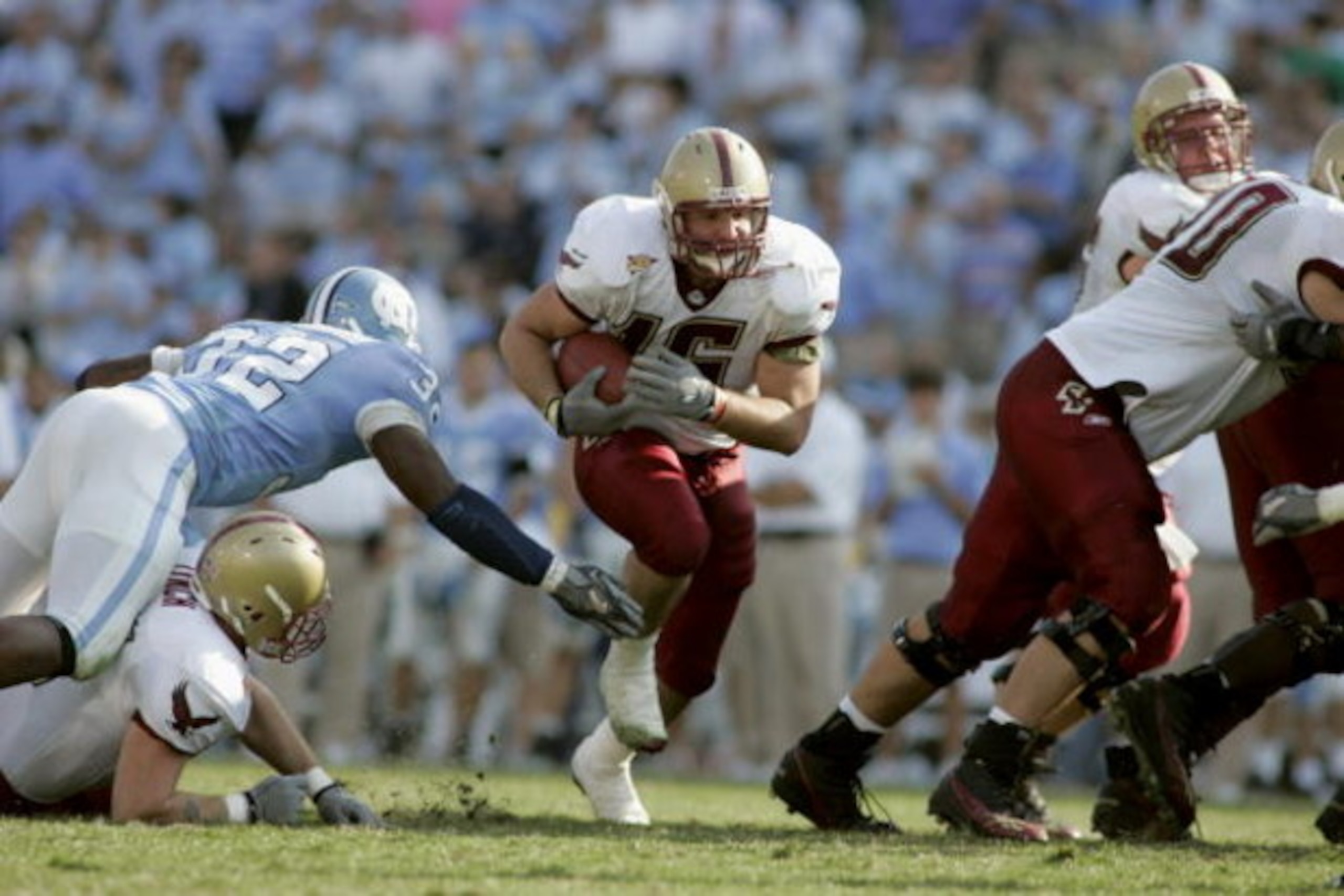 CHAPEL HILL, NC - NOVEMBER 5:  Linebacker Brian Toal #16 of the Boston College Eagles rushes against the North Carolina Tar Heels at Kenan Stadium on November 5, 2005 in Chapel Hill, North Carolina. North Carolina won 16-14.  (Photo By Grant Halverson/Get