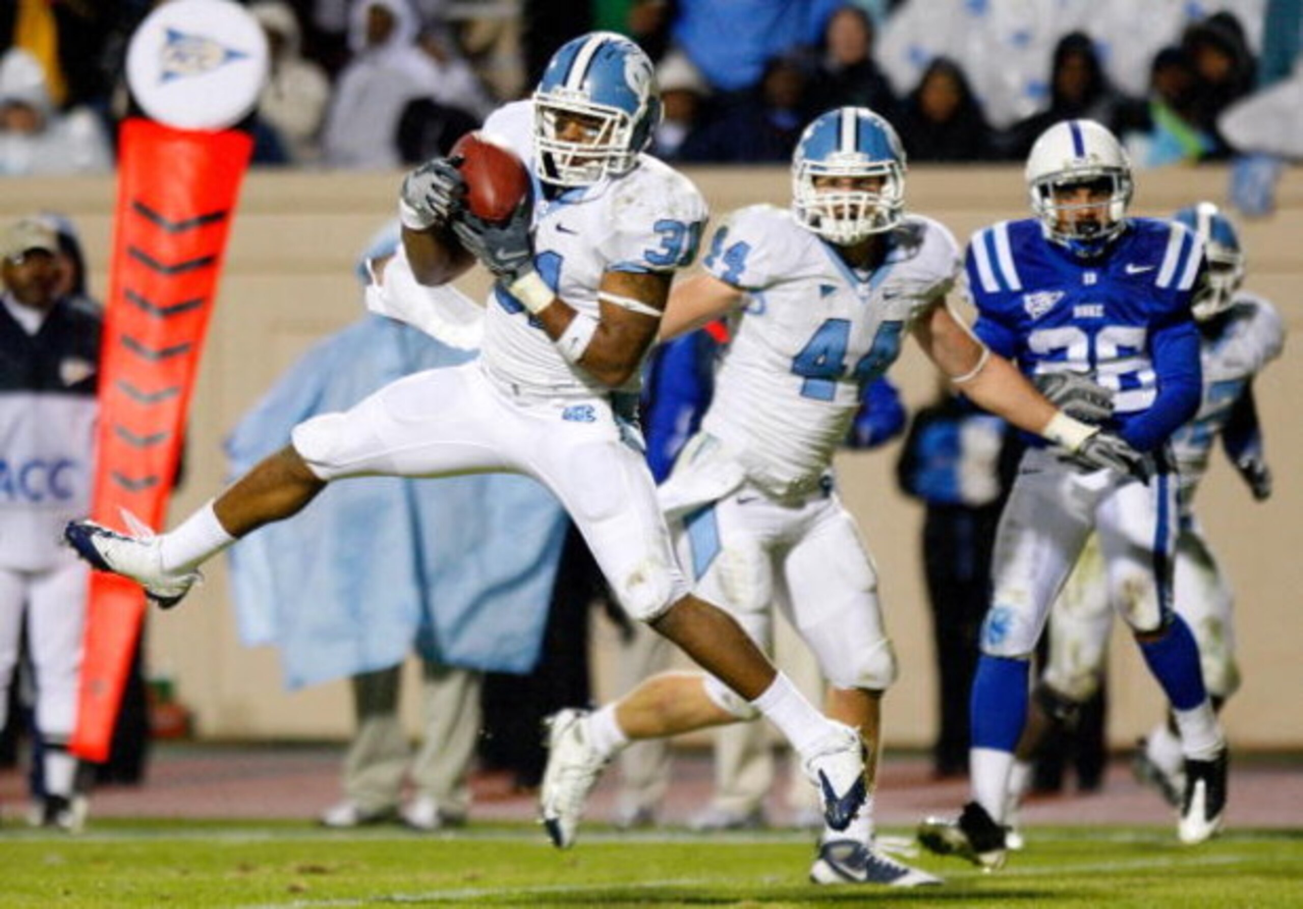 DURHAM, NC - NOVEMBER 29:  Trimane Goddard #31 of the North Carolina Tar Heels intercepts a pass in the final seconds of the Tar Heels 28-20 win over the Duke Blue Devils at Wallace Wade Stadium on November 29, 2008 in Durham, North Carolina.  (Photo by K
