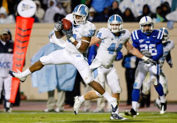 DURHAM, NC - NOVEMBER 29:  Trimane Goddard #31 of the North Carolina Tar Heels intercepts a pass in the final seconds of the Tar Heels 28-20 win over the Duke Blue Devils at Wallace Wade Stadium on November 29, 2008 in Durham, North Carolina.  (Photo by K