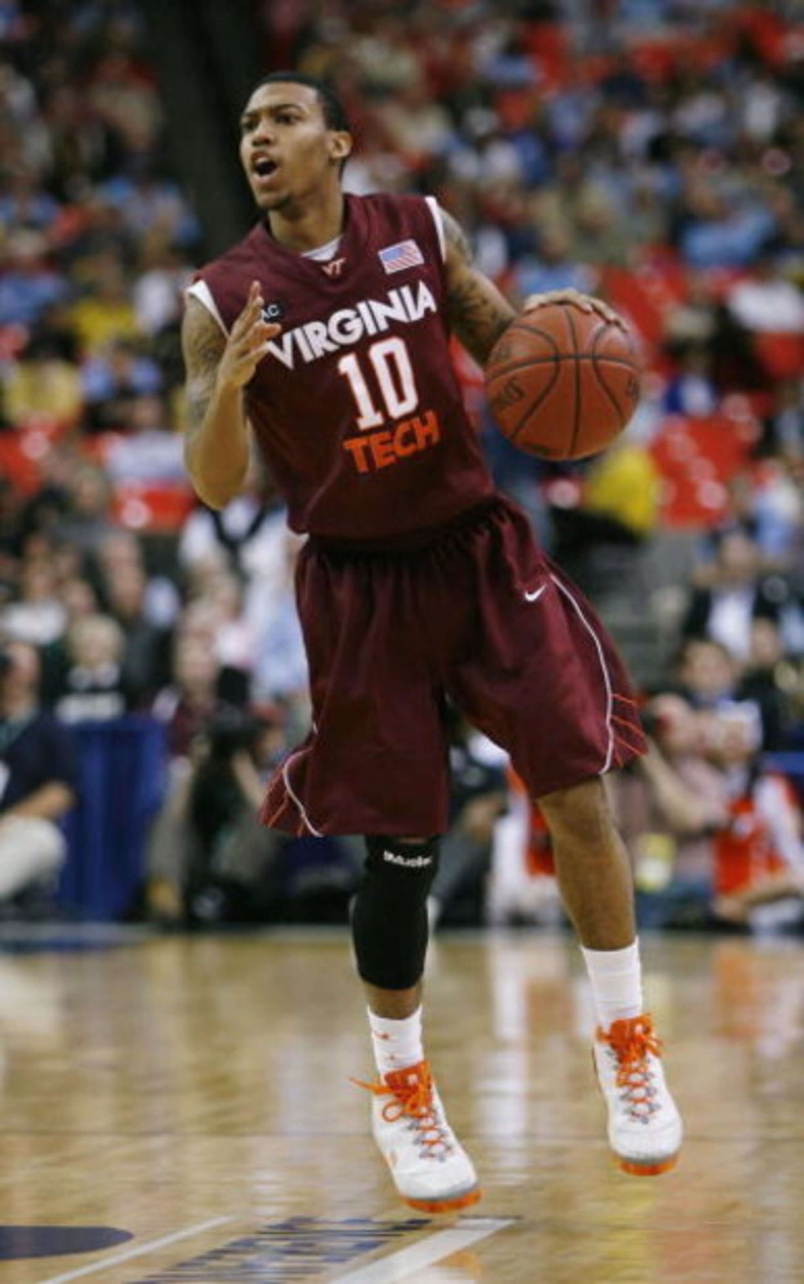 ATLANTA - MARCH 13:  Hank Thorns #10 of the Virginia Tech Hokies dribbles against the North Carolina Tar Heels during day two of the 2009 ACC Men's Basketball Tournament on March 13, 2009 at the Georgia Dome in Atlanta, Georgia.  (Photo by Kevin C. Cox/Ge