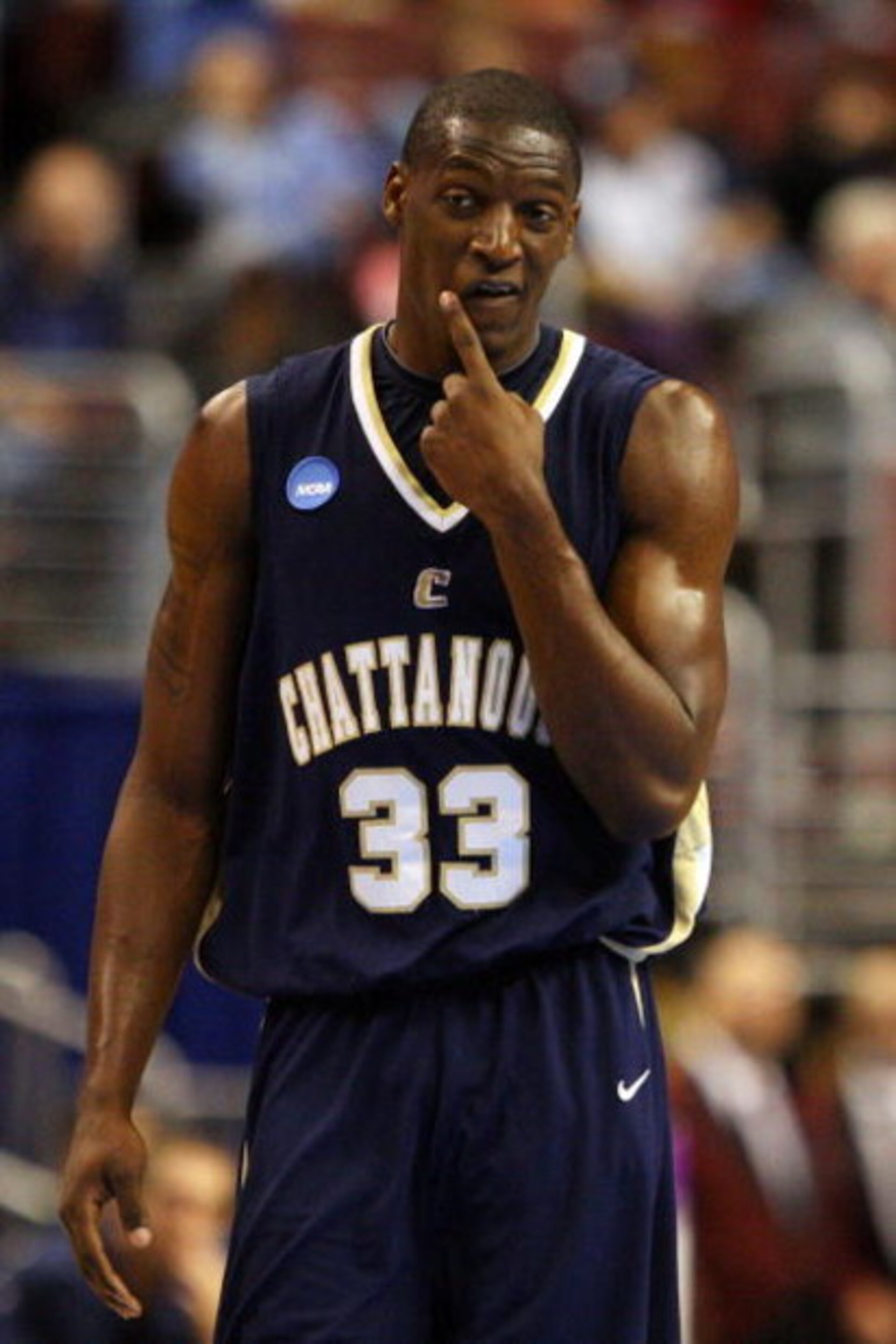 PHILADELPHIA - MARCH 19:  Kevin Goffney #33 of the Chattanooga Mocs reacts during the first round of the NCAA Division I Men's Basketball Tournament against the Connecticut Huskies at the Wachovia Center on March 19, 2009 in Philadelphia, Pennsylvania.  (