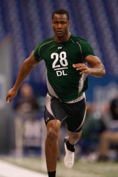 INDIANAPOLIS, IN - FEBRUARY 23:  Defensive lineman Mike Johnson of Georgia Tech runs the 40 yard dash during the NFL Scouting Combine presented by Under Armour at Lucas Oil Stadium on February 23, 2009 in Indianapolis, Indiana. (Photo by Scott Boehm/Getty