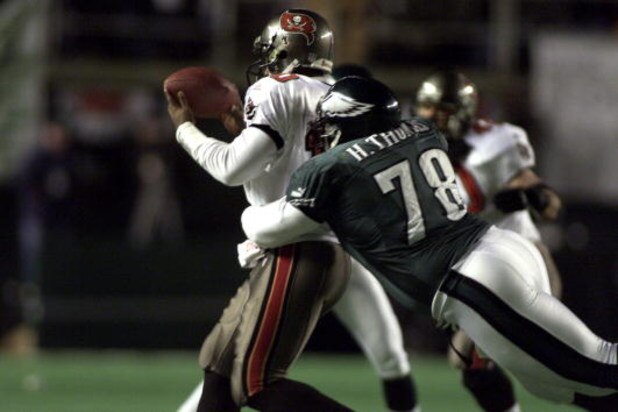 31 Dec 2000:  Hollis Thomas #78 of the Eagles sacks Bucs quarterback Shaun King #10 during the NFC Wild Card game between the Tampa Bay Buccaneers and the Philadelphia Eagles at Veterans Stadium in Philadelphia, Pennsylvania.  The Eagles defeated the Bucs