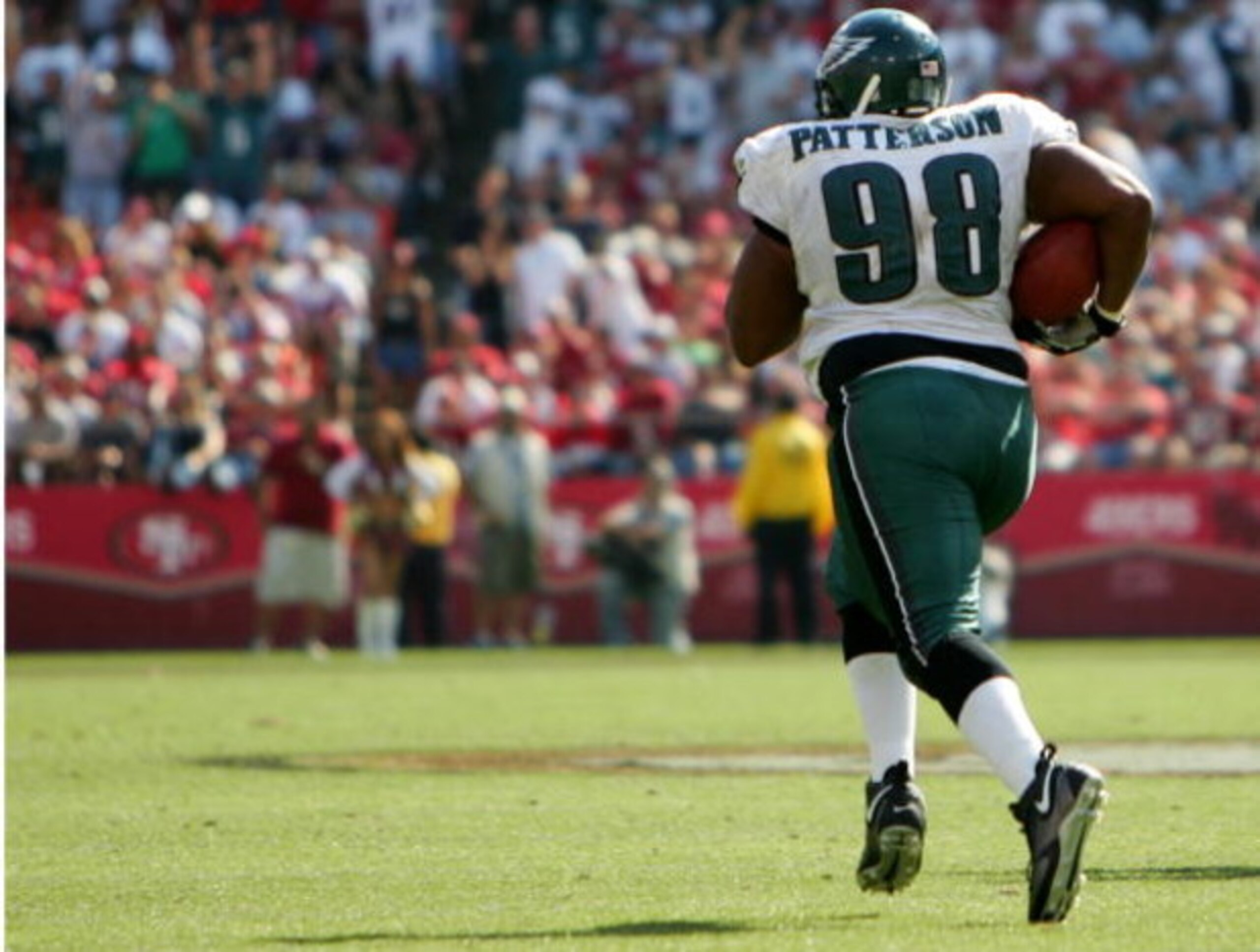 SAN FRANCISCO - SEPTEMBER 24: Mike Patterson #98 of the Philadelphia Eagles returns a fumble for a 98 yard touchdown against the San Francisco 49ers during an NFL game at Monster Park on September 24, 2006 in San Francisco, California. (Photo by Jed Jac SAN FRANCISCO - SEPTEMBER 24: Mike Patterson #98 of the Philadelphia Eagles returns a fumble for a 98 yard touchdown against the San Francisco 49ers during an NFL game at Monster Park on September 24, 2006 in San Francisco, California. (Photo by Jed Jac