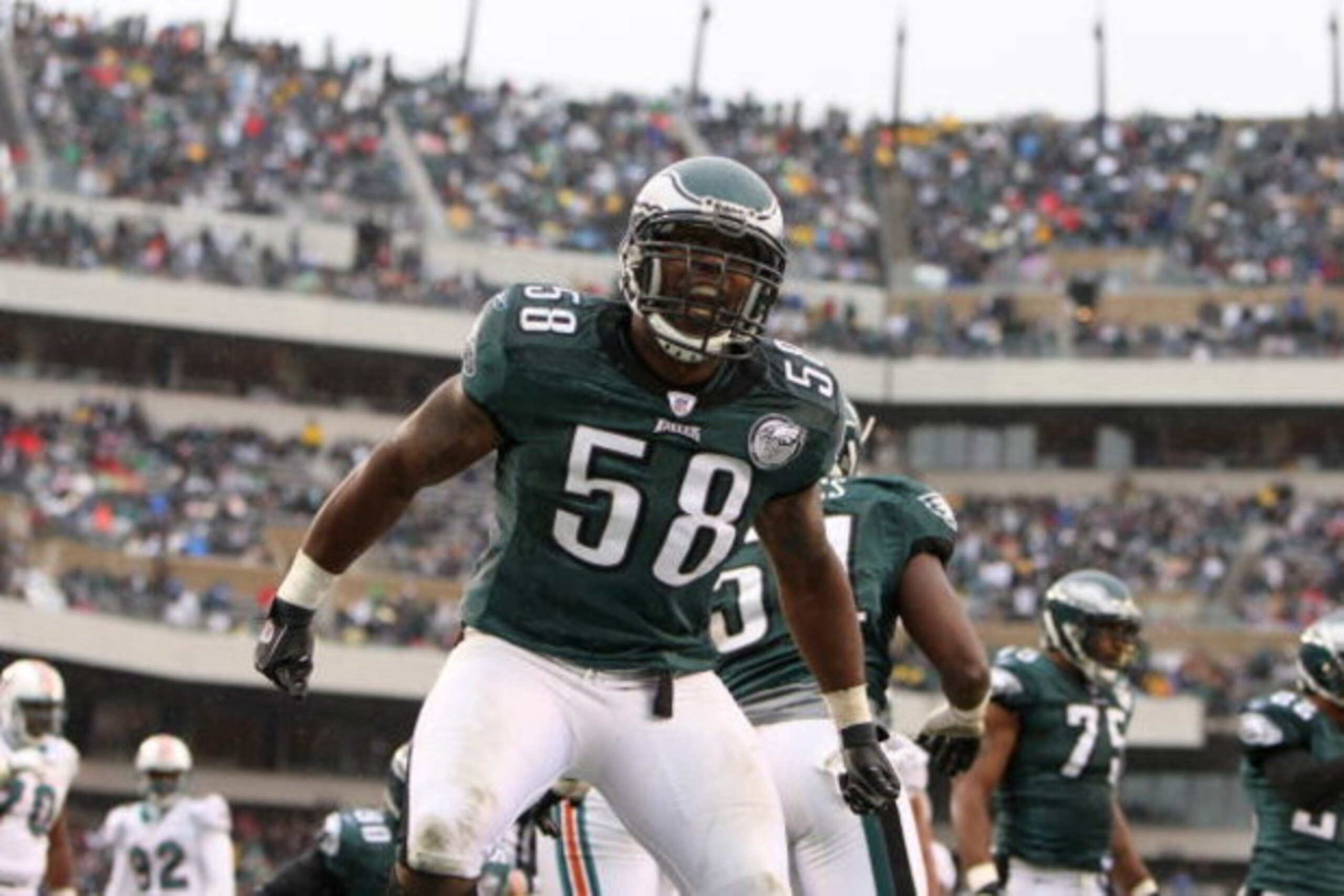 PHILADELPHIA - NOVEMBER 18: Trent Cole #58 of the Philadelphia Eagles reacts during the NFL game against the Miami Dolphins at Lincoln Financial Field on November 18, 2007 in Philadelphia, Pennsylvania. (Photo by Al Bello/Getty Images) PHILADELPHIA - NOVEMBER 18: Trent Cole #58 of the Philadelphia Eagles reacts during the NFL game against the Miami Dolphins at Lincoln Financial Field on November 18, 2007 in Philadelphia, Pennsylvania. (Photo by Al Bello/Getty Images)
