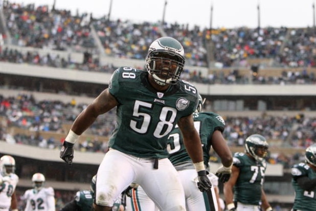 PHILADELPHIA - NOVEMBER 18:  Trent Cole #58 of the Philadelphia Eagles reacts during the NFL game against the Miami Dolphins at Lincoln Financial Field on November 18, 2007 in Philadelphia, Pennsylvania. (Photo by Al Bello/Getty Images)
